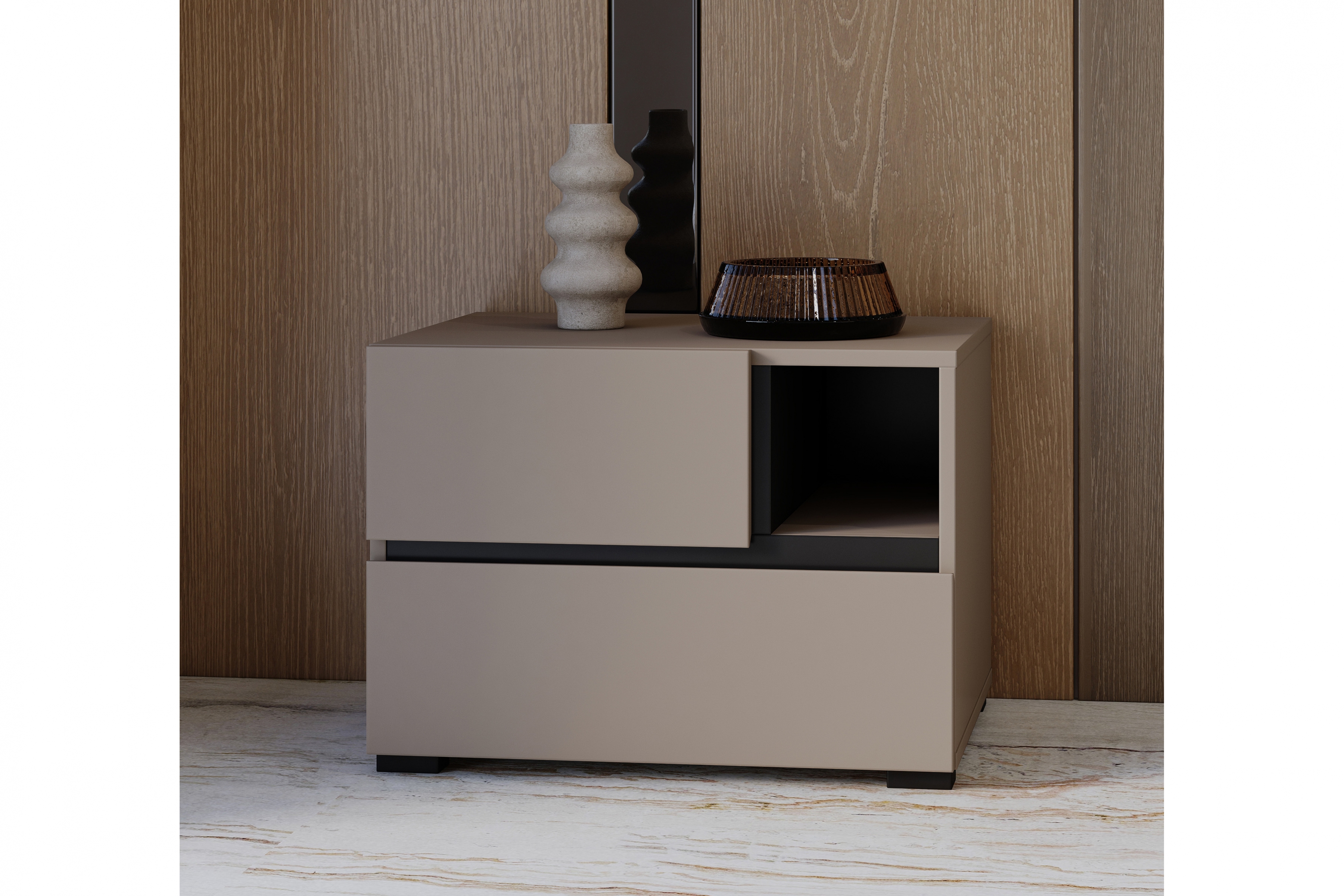 Nočný stolík Cross 55 cm so zásuvkami - kašmírová / čierna Nočný Stolík Gramon 55 cm so zásuvkami - kašmír / Čierny