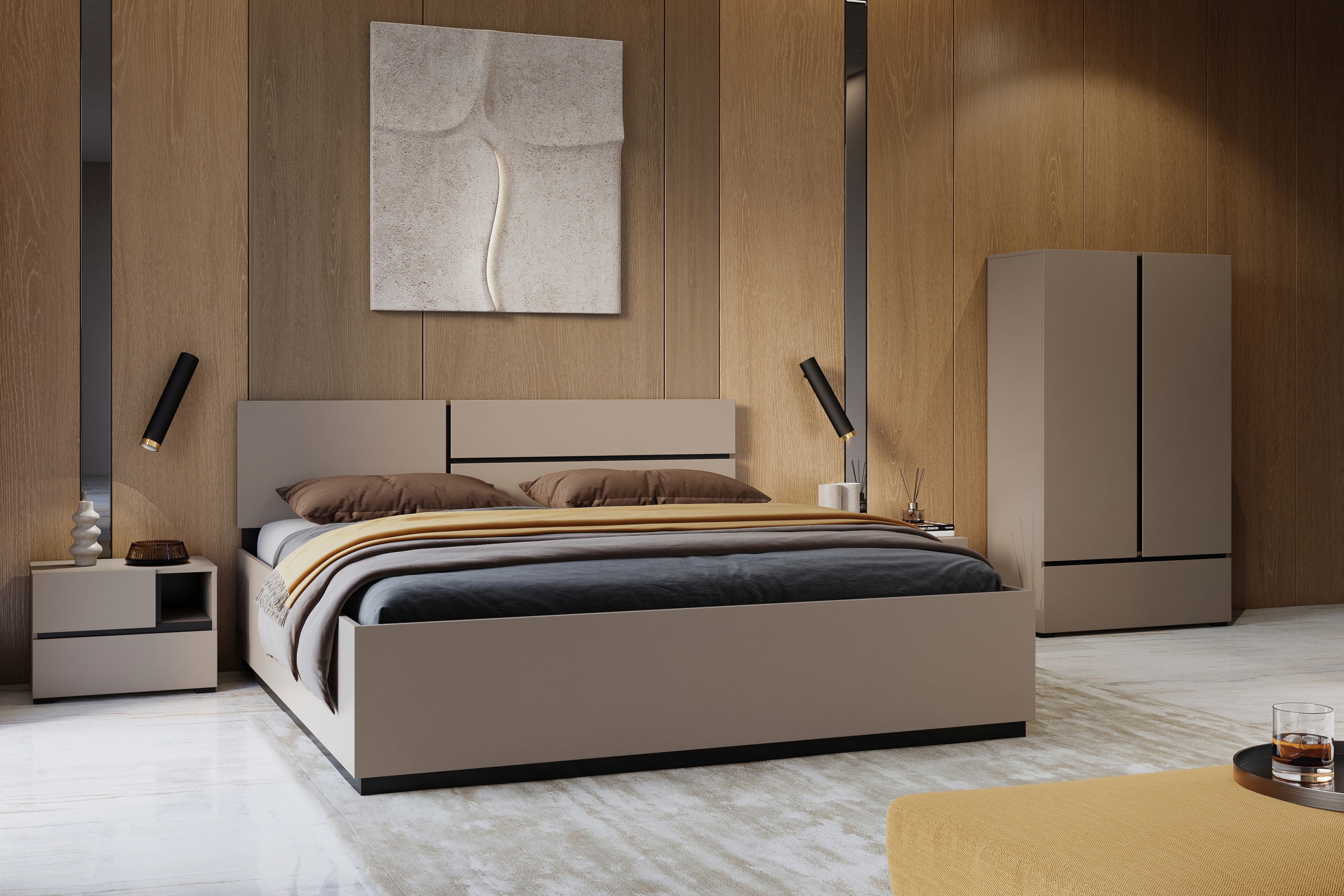 Nočný stolík Cross 55 cm so zásuvkami - kašmírová / čierna Nočný Stolík Gramon 55 cm so zásuvkami - kašmír / Čierny