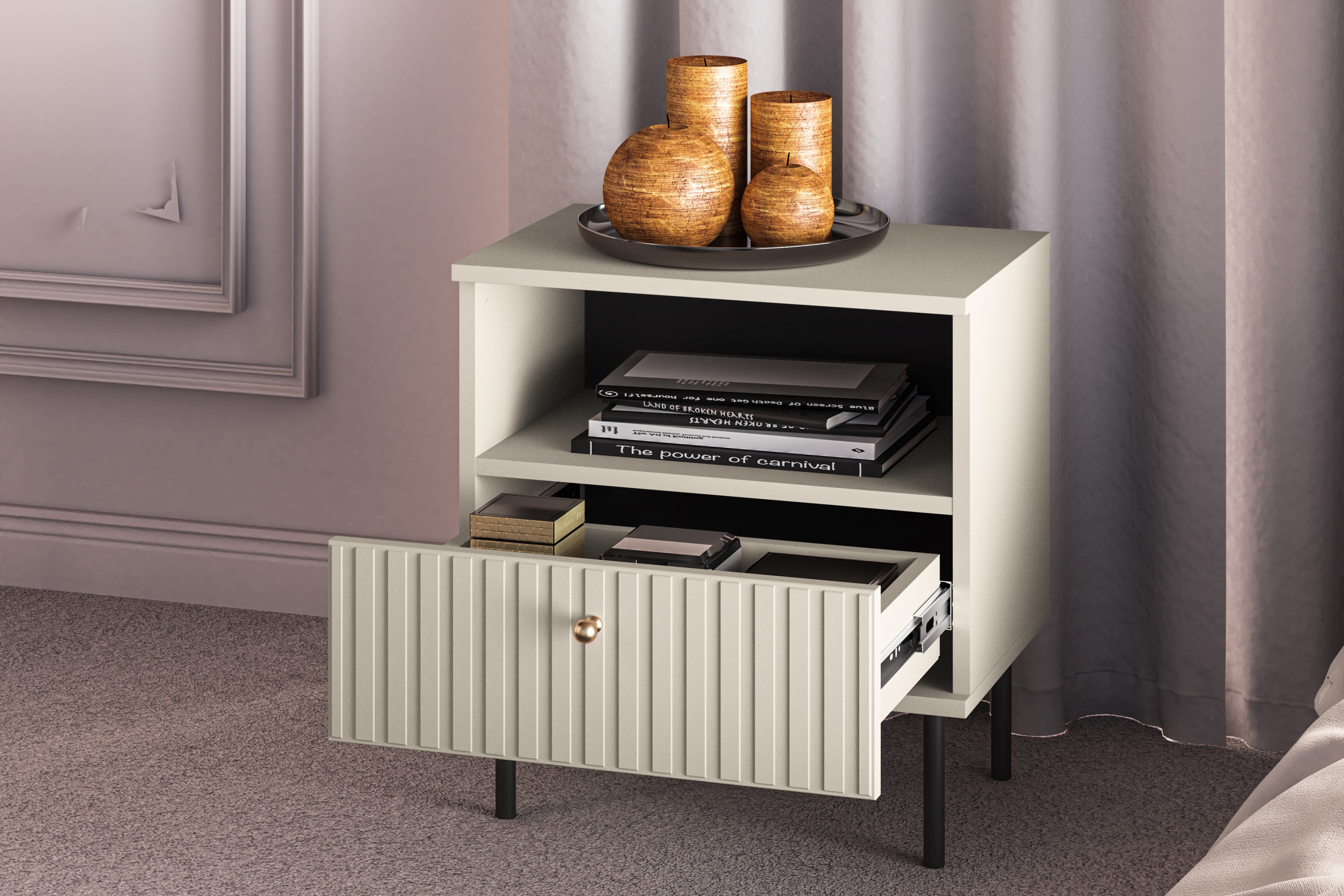 Noční stolek Jamuzi 50 cm - kašmírová / černé nožky Noční stolek Jamuzi 07 z szuflada - 50 cm - kašmír / černá nozki