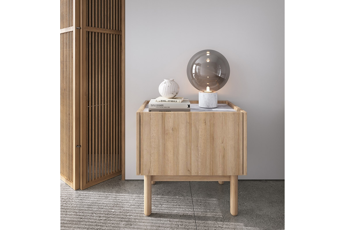 Noční stolek Landia - dub riviera / bílý mramor Noční stolek s mramorovou deskou