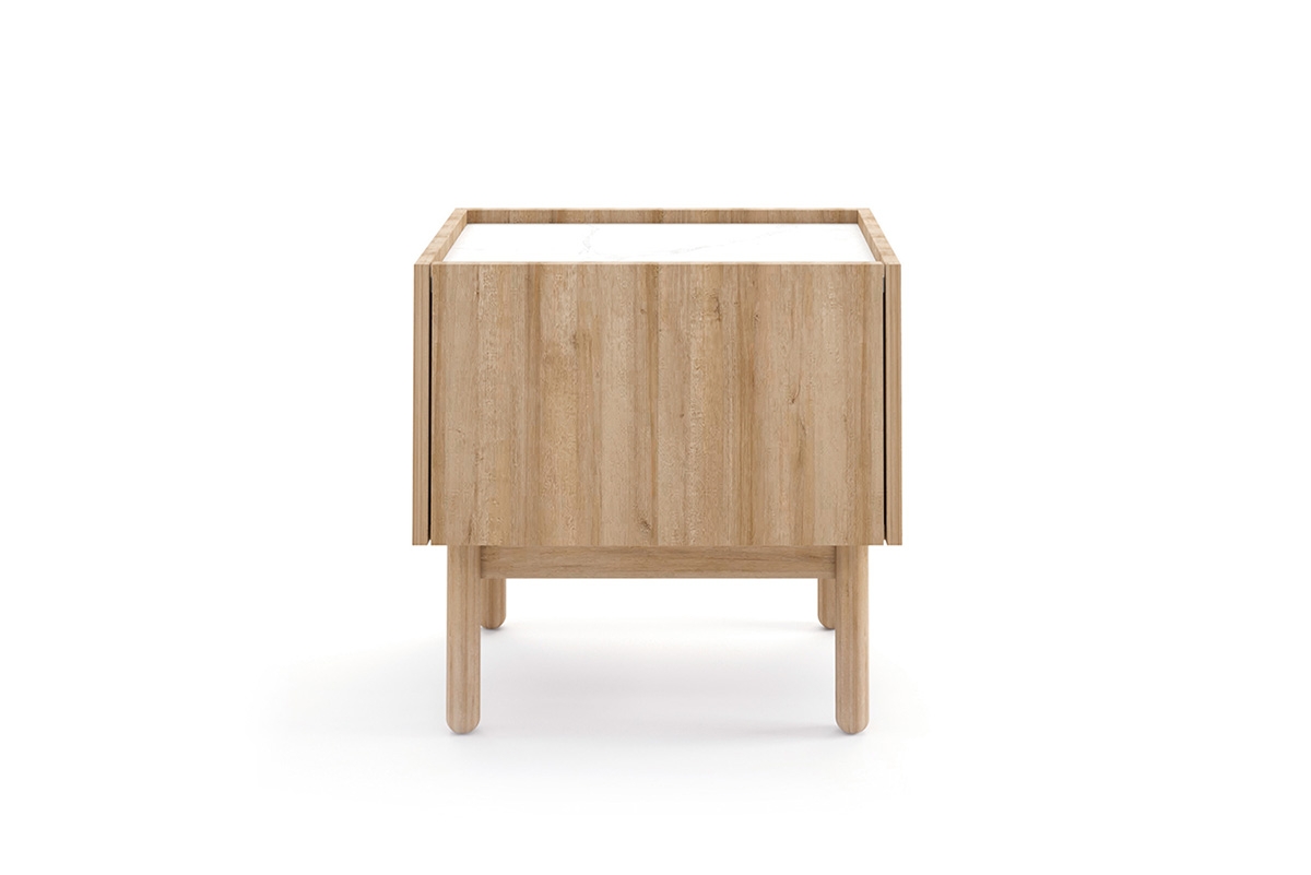 Noční stolek Landia - dub riviera / bílý mramor Noční stolek na dřevěných nožkách