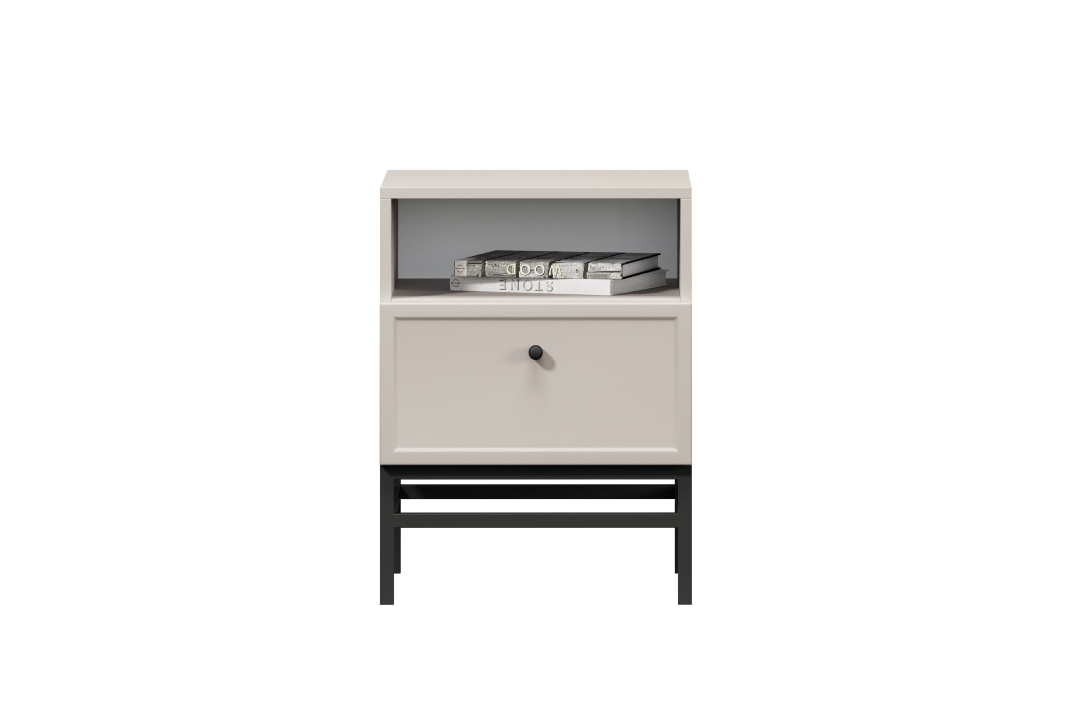 Noční stolek Lorini 45 cm na podstavci - kašmírová / černá úchytka Noční stolek Lorini z szuflada 45 cm - kašmír / černá uchwyt / Rošt