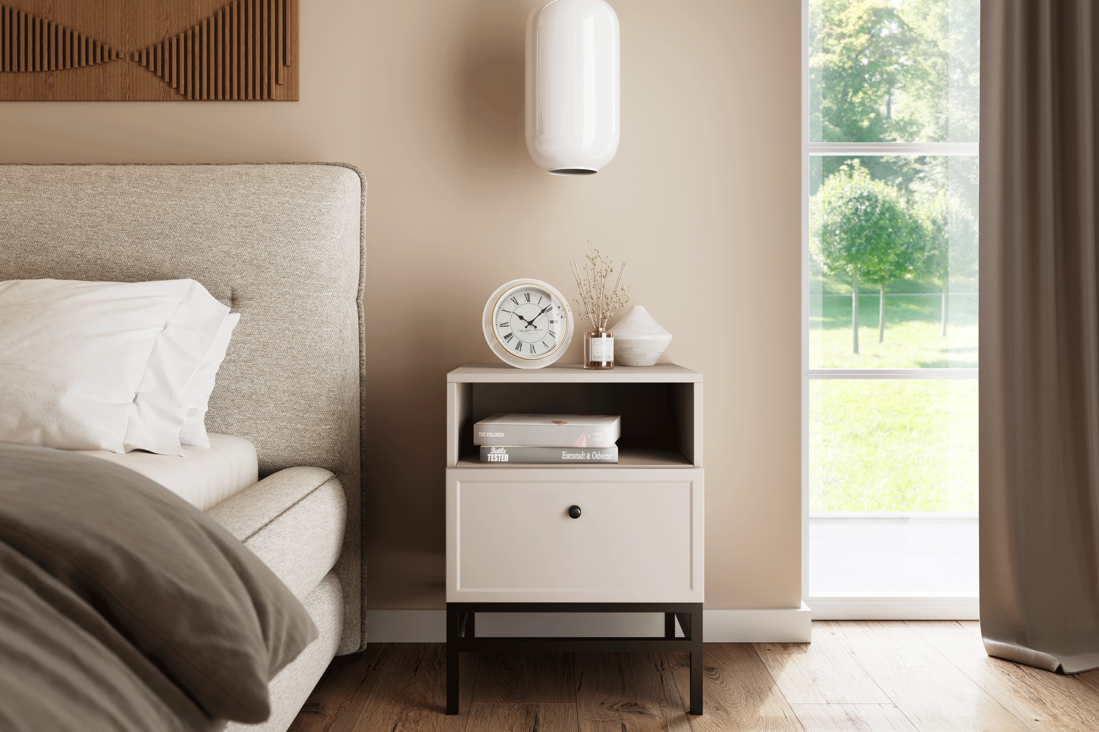 Noční stolek Lorini 45 cm na podstavci - kašmírová / černá úchytka Noční stolek Lorini z szuflada 45 cm - kašmír / černá uchwyt / Rošt