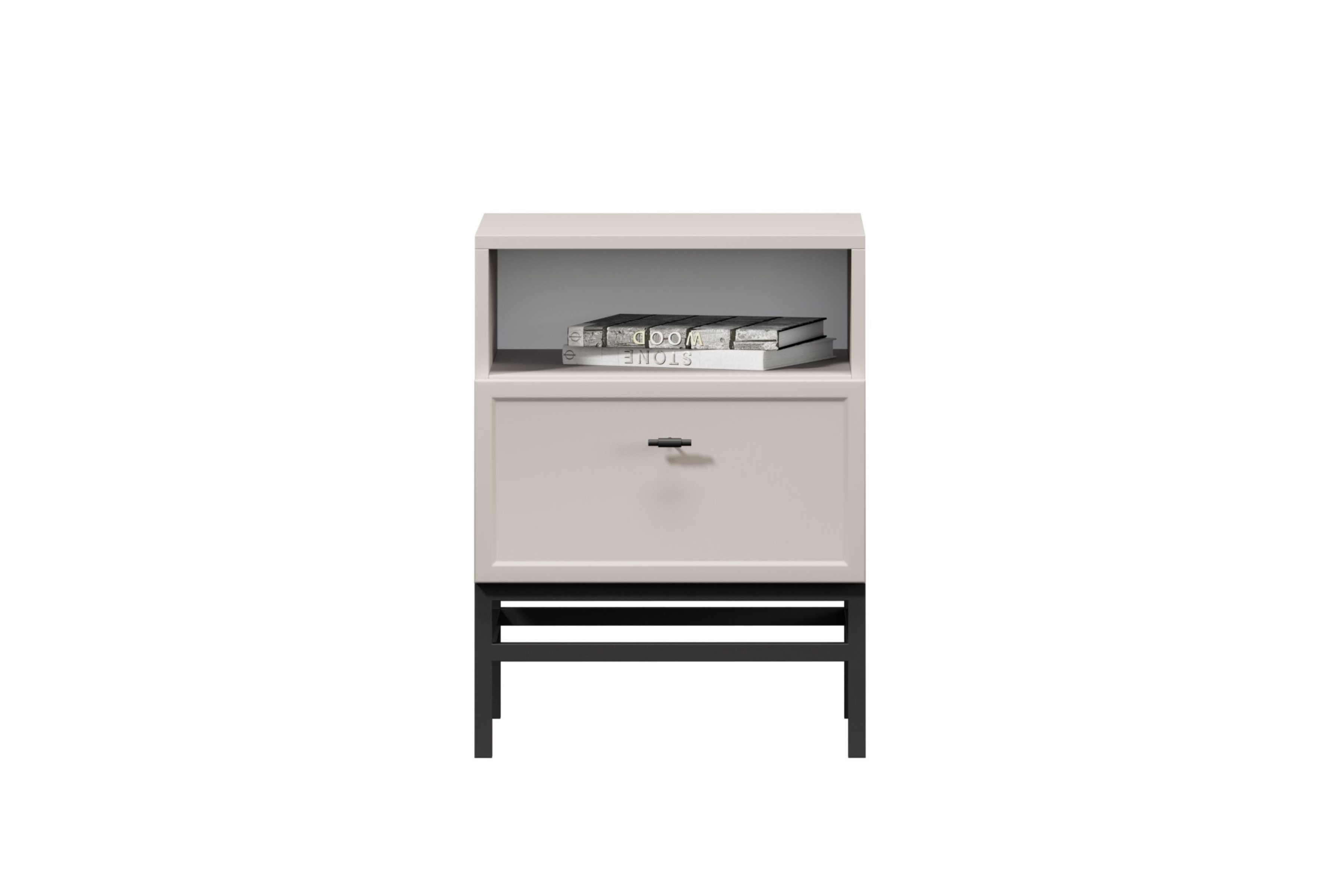 Noční stolek Lorini 45 cm na podstavci - kašmírová / černá úchytka T-bar Noční stolek Lorini z szuflada 45 cm - kašmír / černá uchwyt T-bar / Rošt