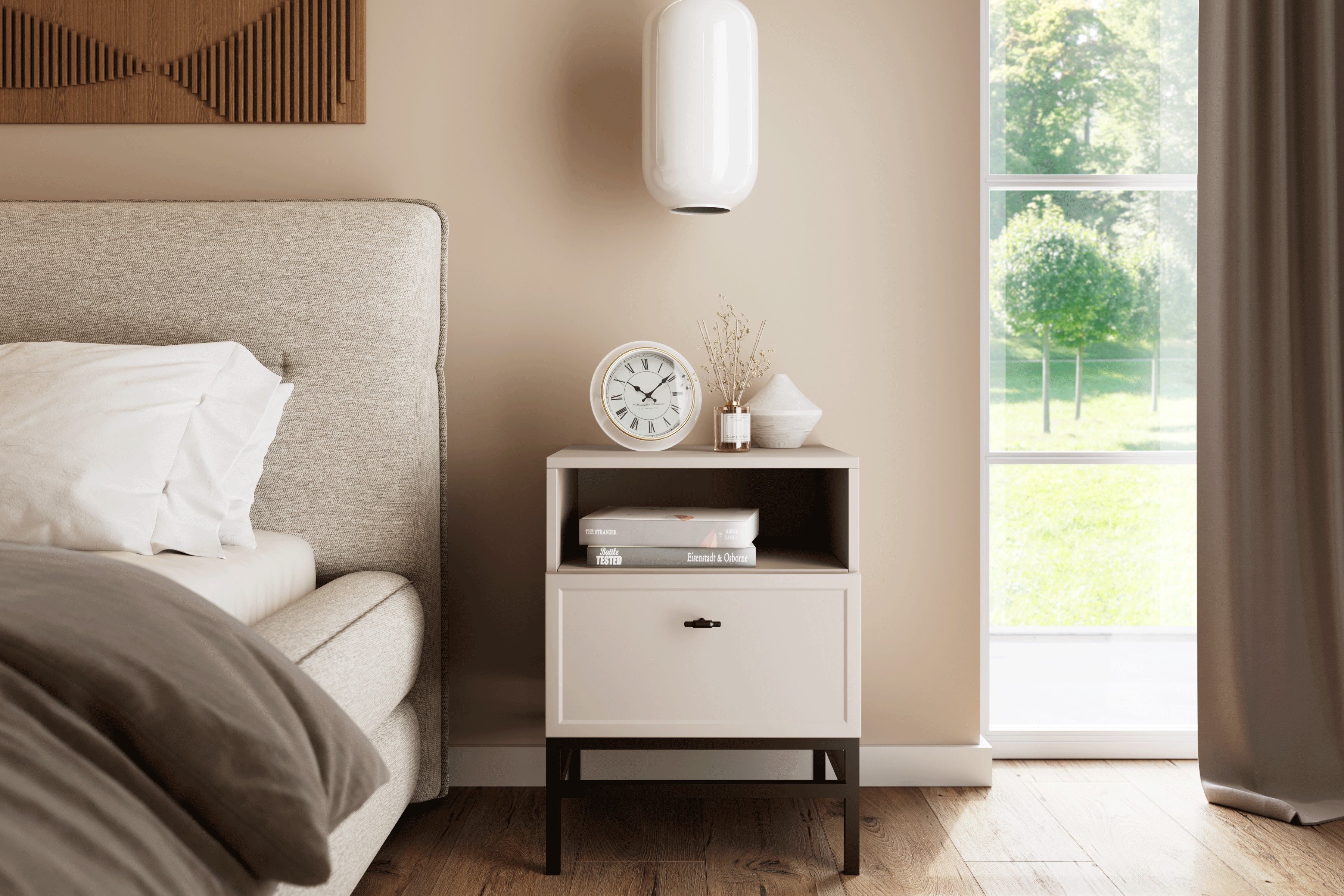 Noční stolek Lorini 45 cm na podstavci - kašmírová / černá úchytka T-bar Noční stolek Lorini z szuflada 45 cm - kašmír / černá uchwyt T-bar / Rošt