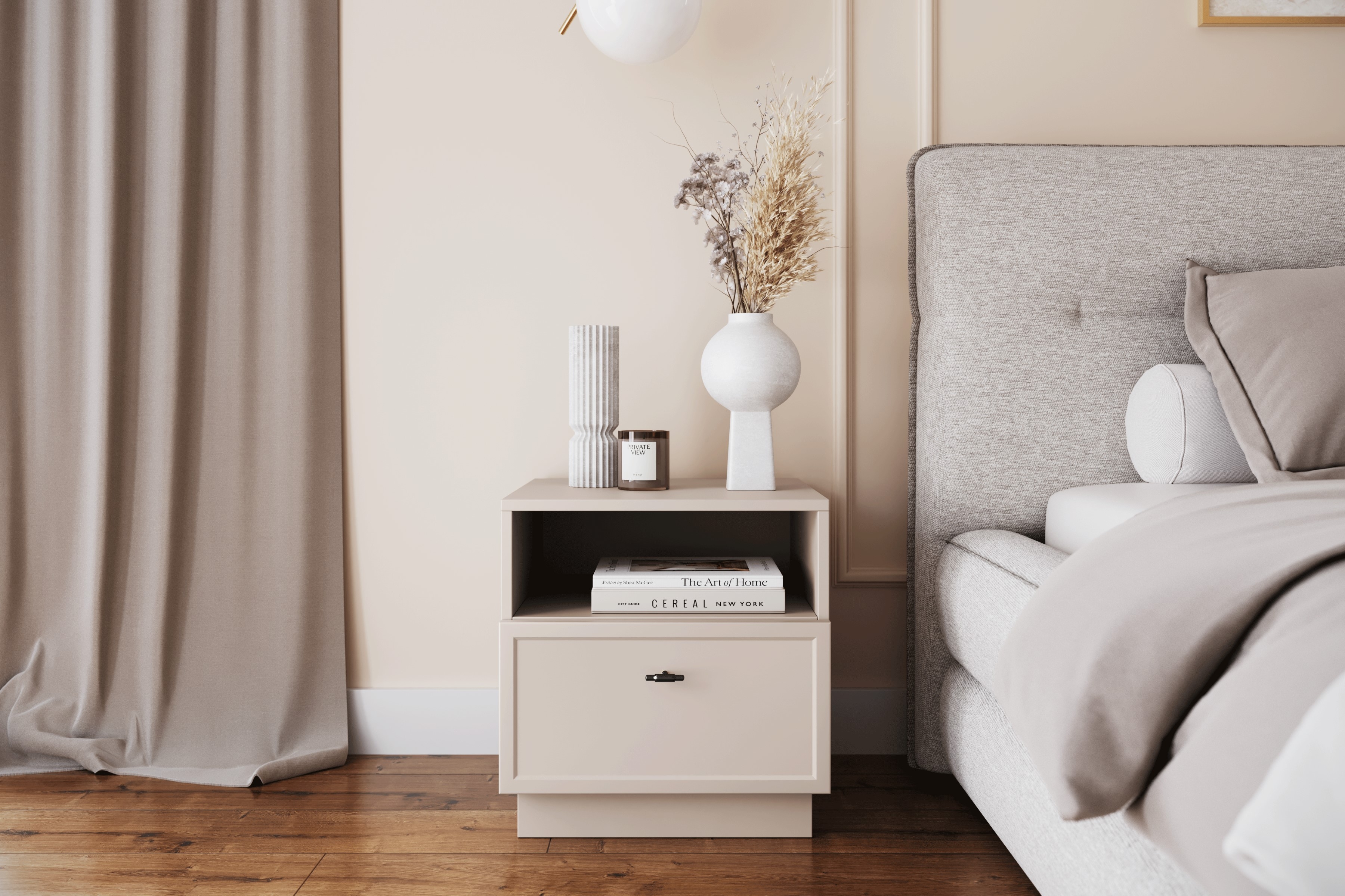 Noční stolek Lorini 45 cm - kašmírová / černá úchytka T-bar Noční stolek Lorini z szuflada 45 cm - kašmír / černá uchwyt T-bar