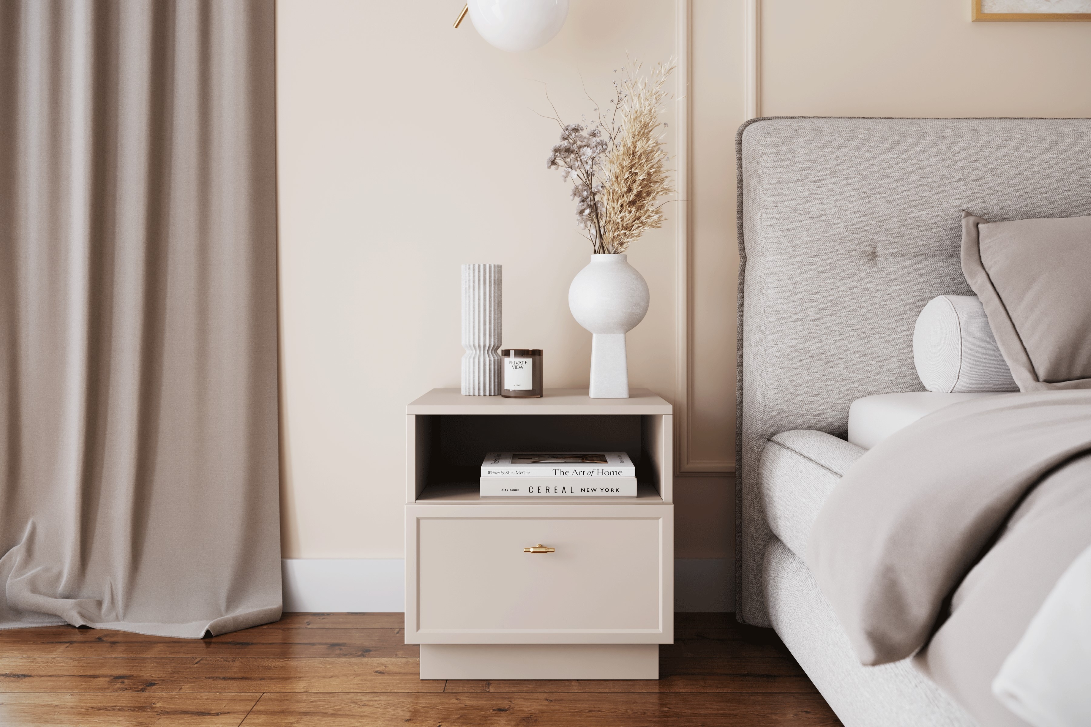 Noční stolek Lorini 45 cm - kašmírová / zlatá úchytka T-bar Noční stolek Lorini z szuflada 45 cm - kašmír / zlatá uchwyt T-bar