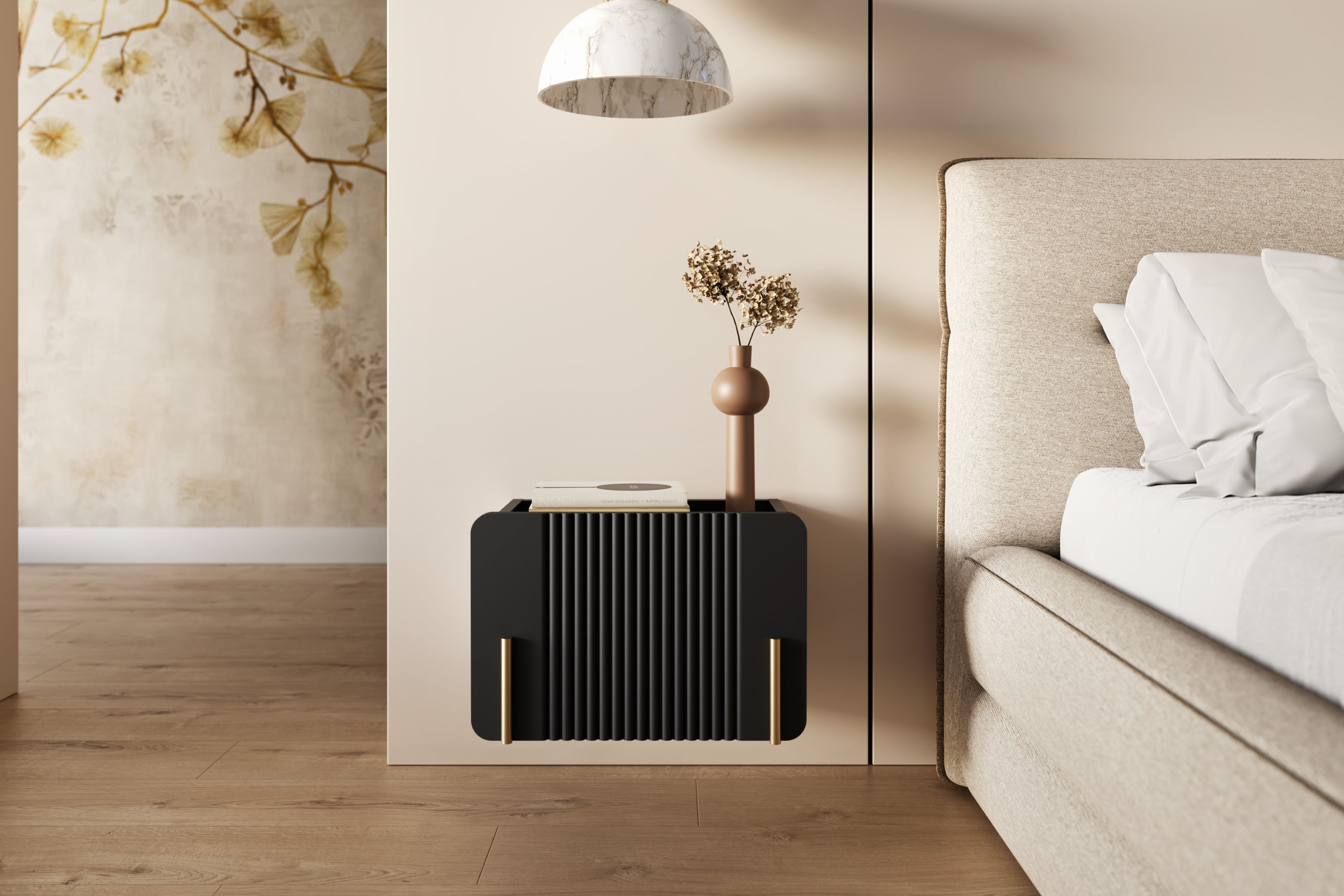 Nočný stolík na stenu Malmi 45 cm - čierny mat / zlatá Nočný Stolík Malmi 45 cm závesná z szuflada - Čierny mat / zlaté