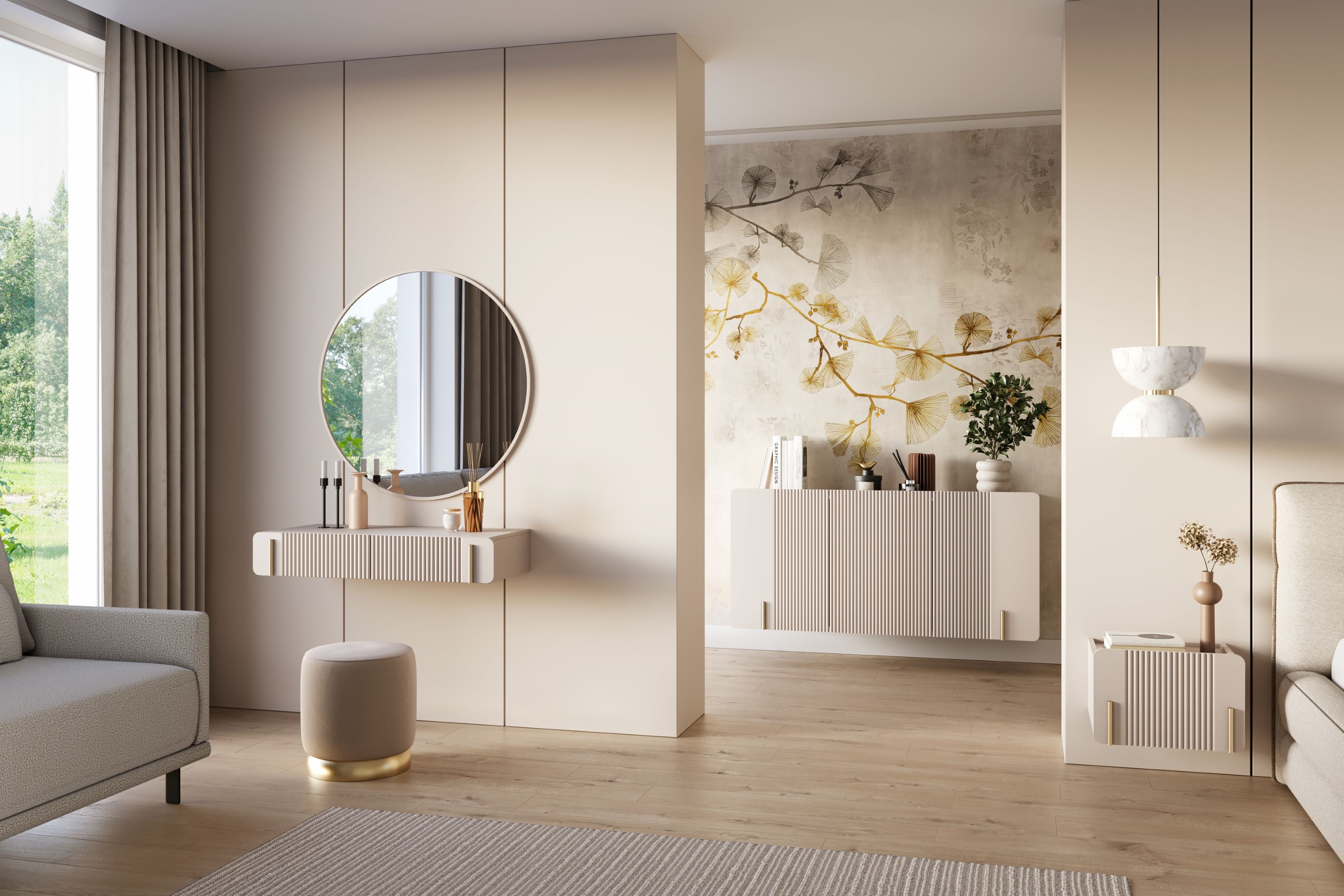 Nočný stolík na stenu Malmi 45 cm - kašmírová / zlatá Nočný Stolík Malmi 45 cm závesná z szuflada - kašmír / zlaté