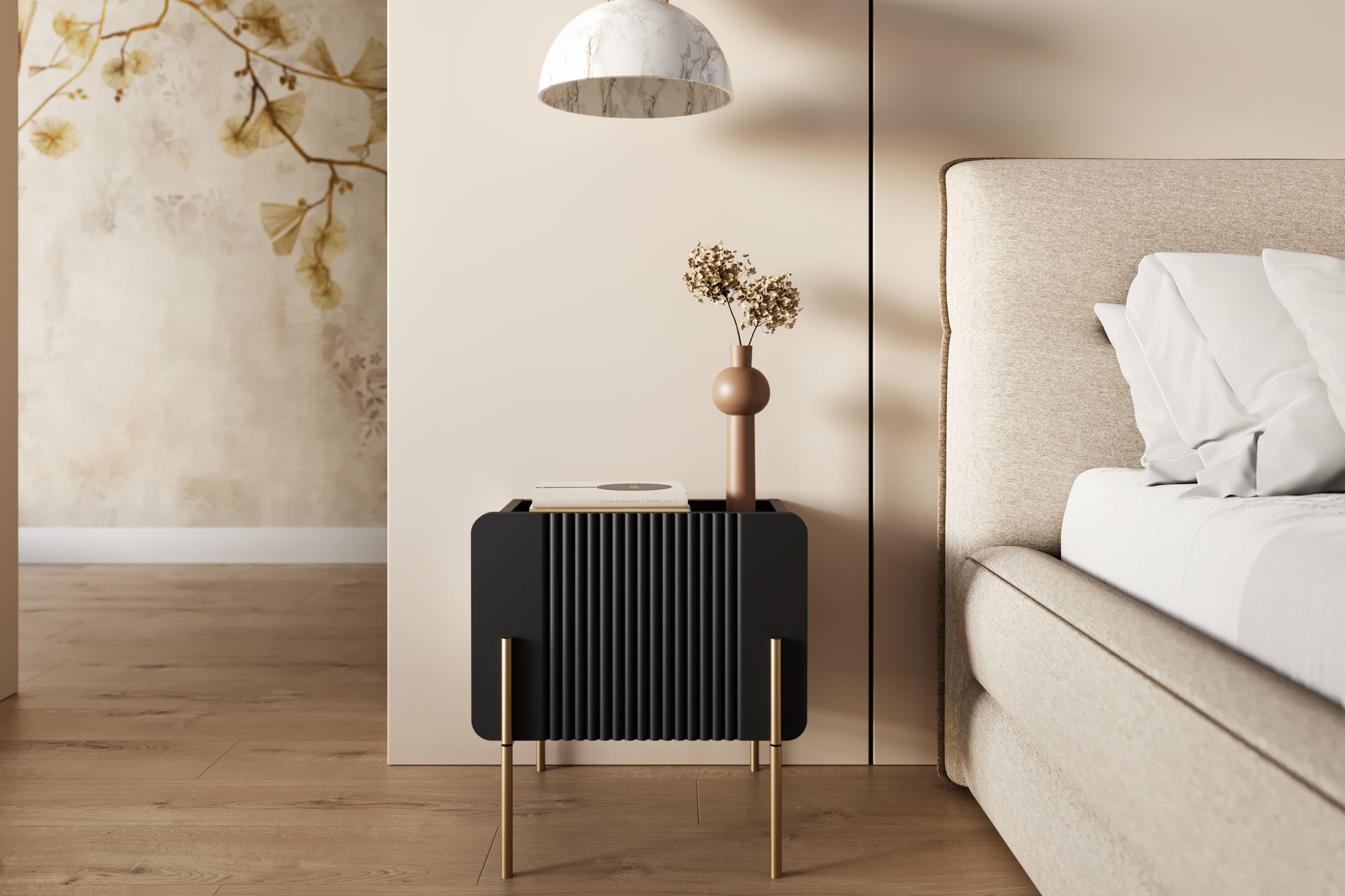 Noční stolek Malmi se zásuvkou 45 cm - černý mat / zlaté nožky Noční stolek Malmi 45 cm z szuflada - černá mat / zlote nozki