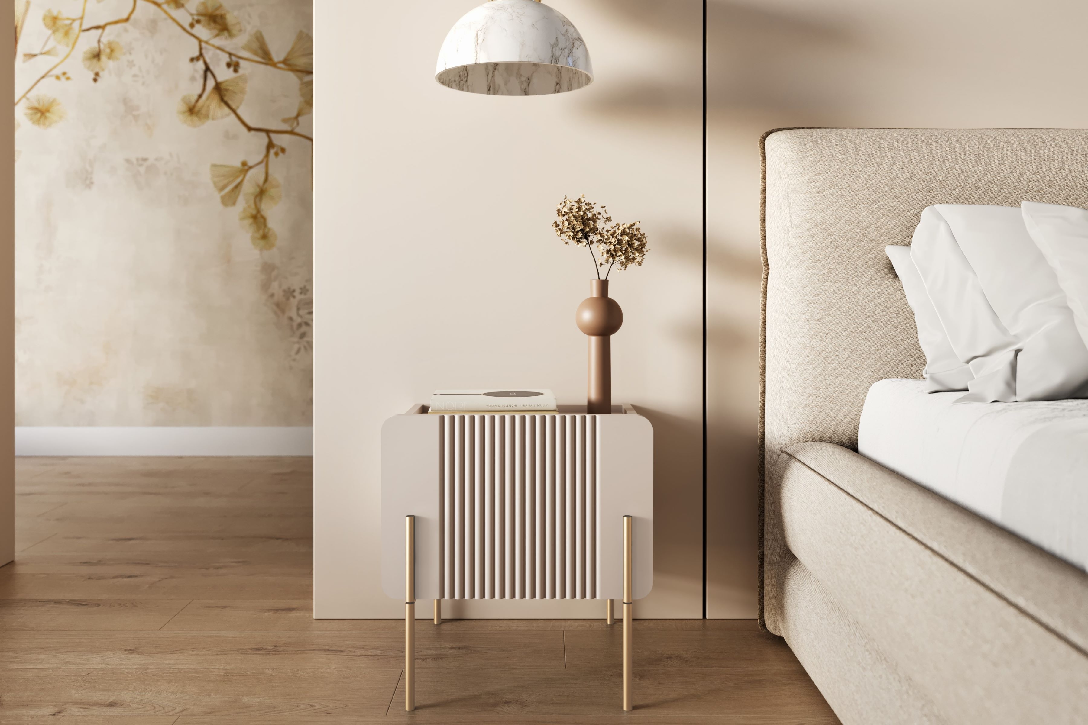 Noční stolek Malmi se zásuvkou 45 cm - kašmírová / zlaté nožky Noční stolek Malmi 45 cm z szuflada - kašmír / zlote nozki