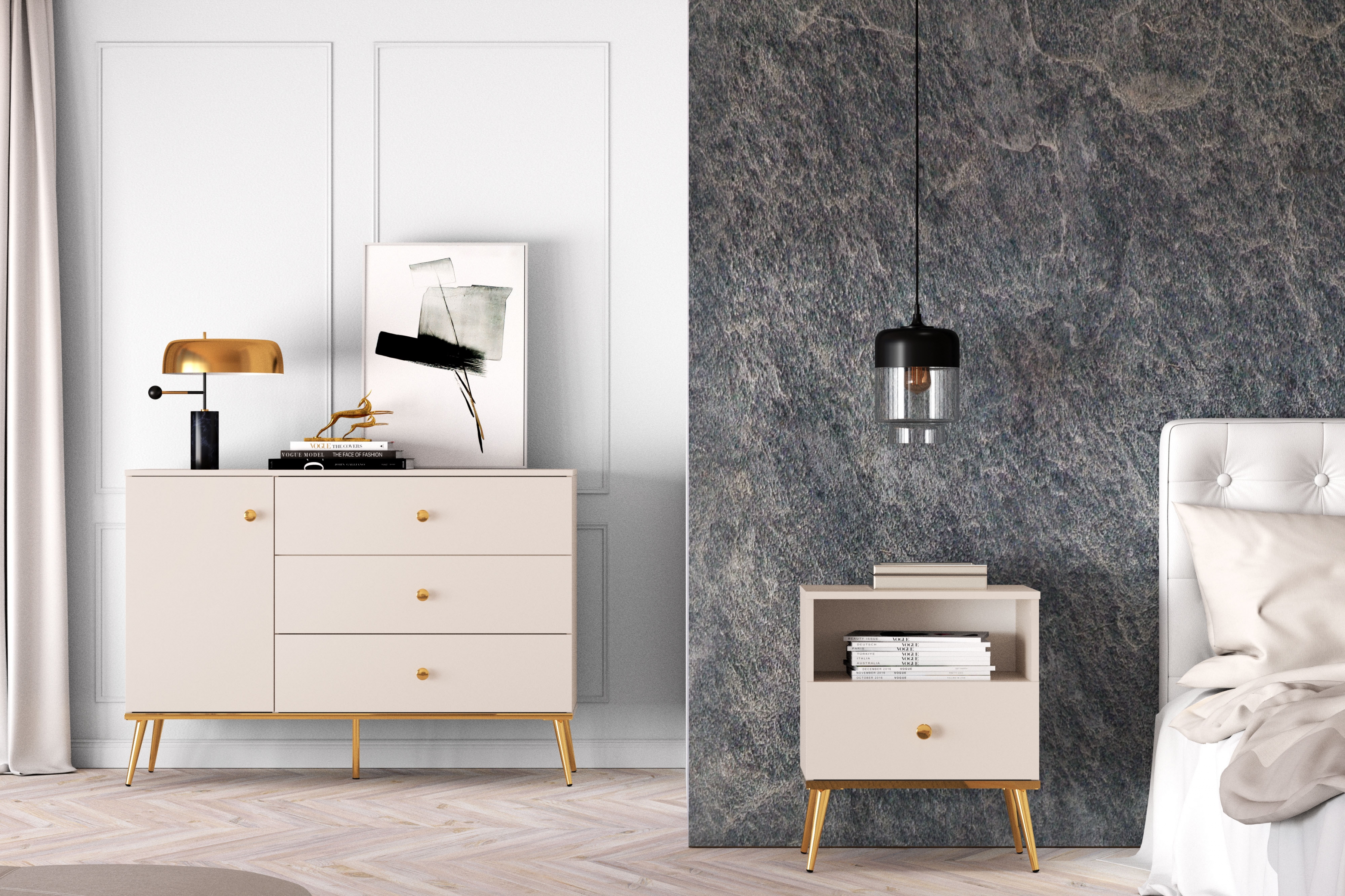 Noční stolek Narelli 50 cm - kašmírová / zlaté nohy Noční stolek Narelli 06 - 50 cm - kašmír / zlaté Nohy