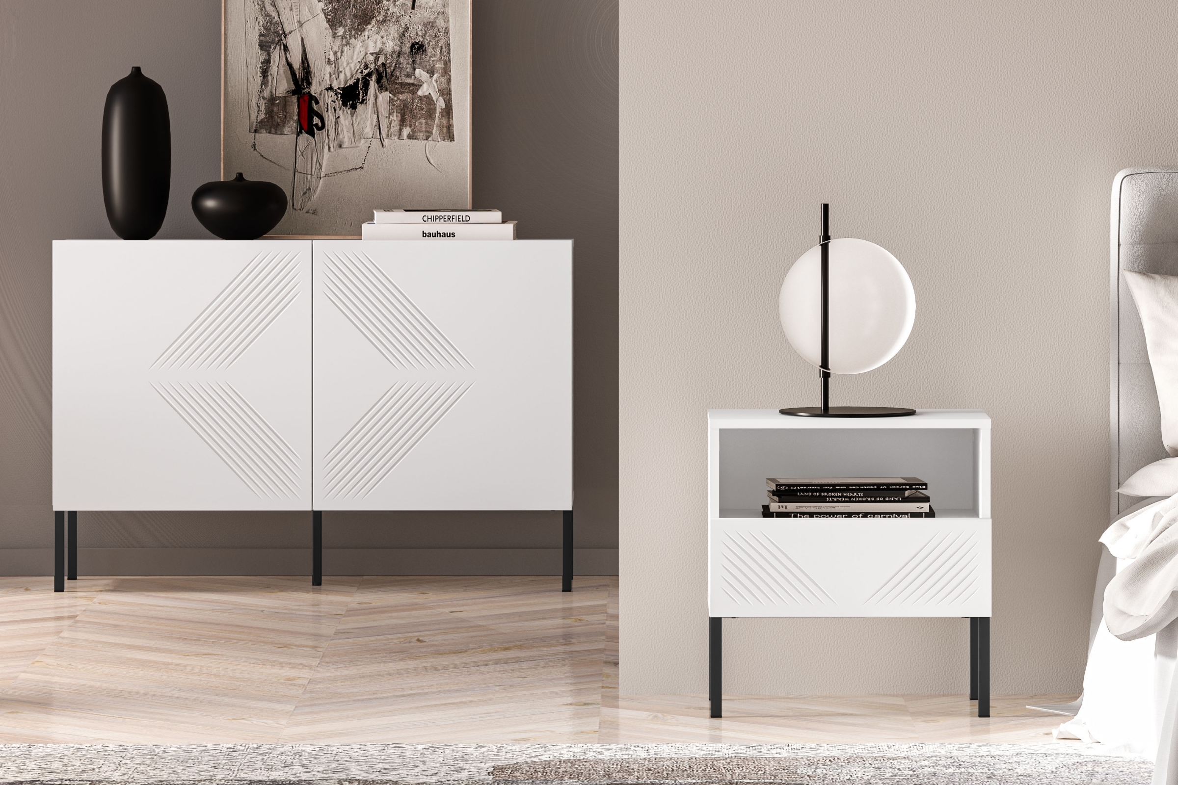 Noční stolek Pingli se zásuvkou 50 cm - bílý mat / černé nohy Noční stolek Pingli 05 z szuflada 50 cm - Bílý mat / černé Nohy