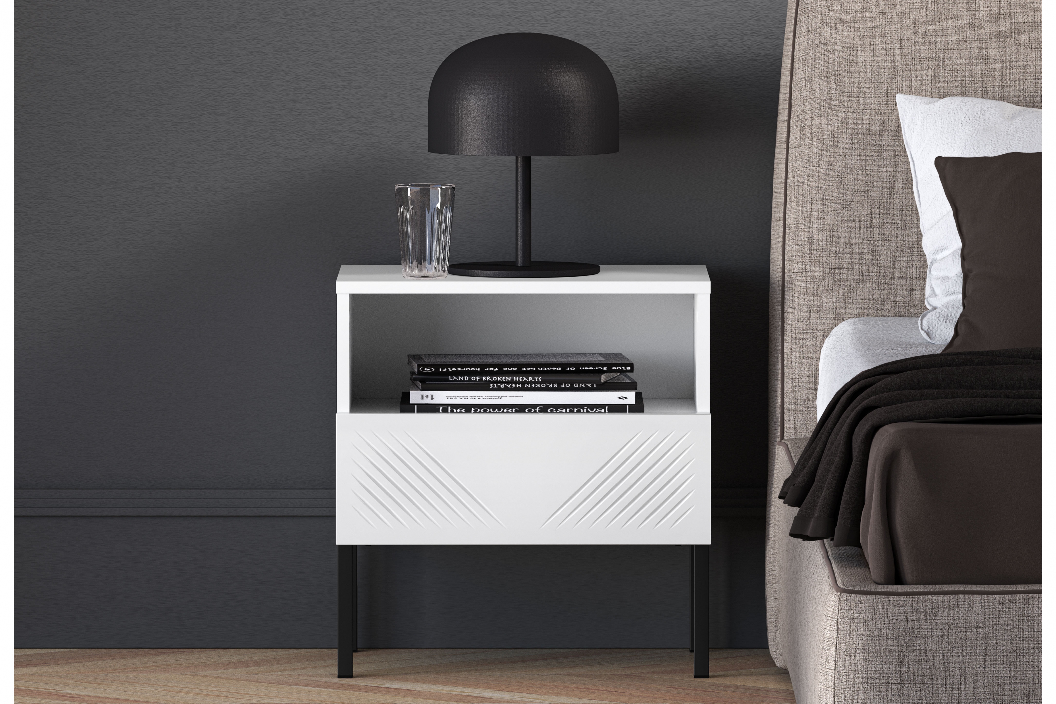 Noční stolek Pingli se zásuvkou 50 cm - bílý mat / černé nohy Noční stolek Pingli 05 z szuflada 50 cm - Bílý mat / černé Nohy