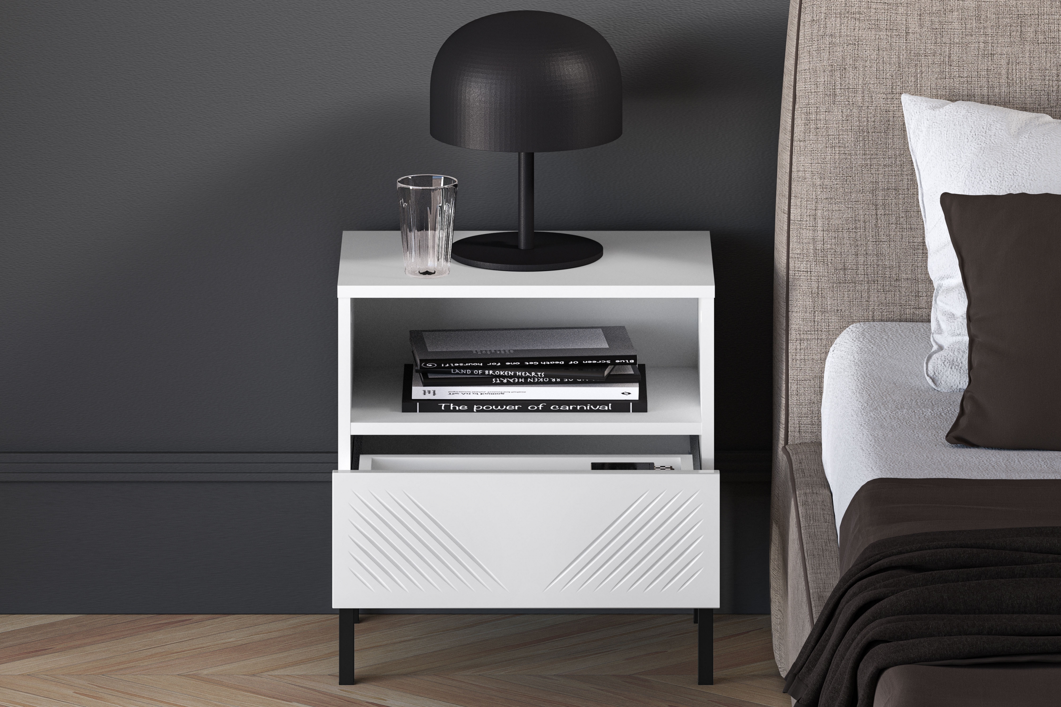 Noční stolek Pingli se zásuvkou 50 cm - bílý mat / černé nohy Noční stolek Pingli 05 z szuflada 50 cm - Bílý mat / černé Nohy