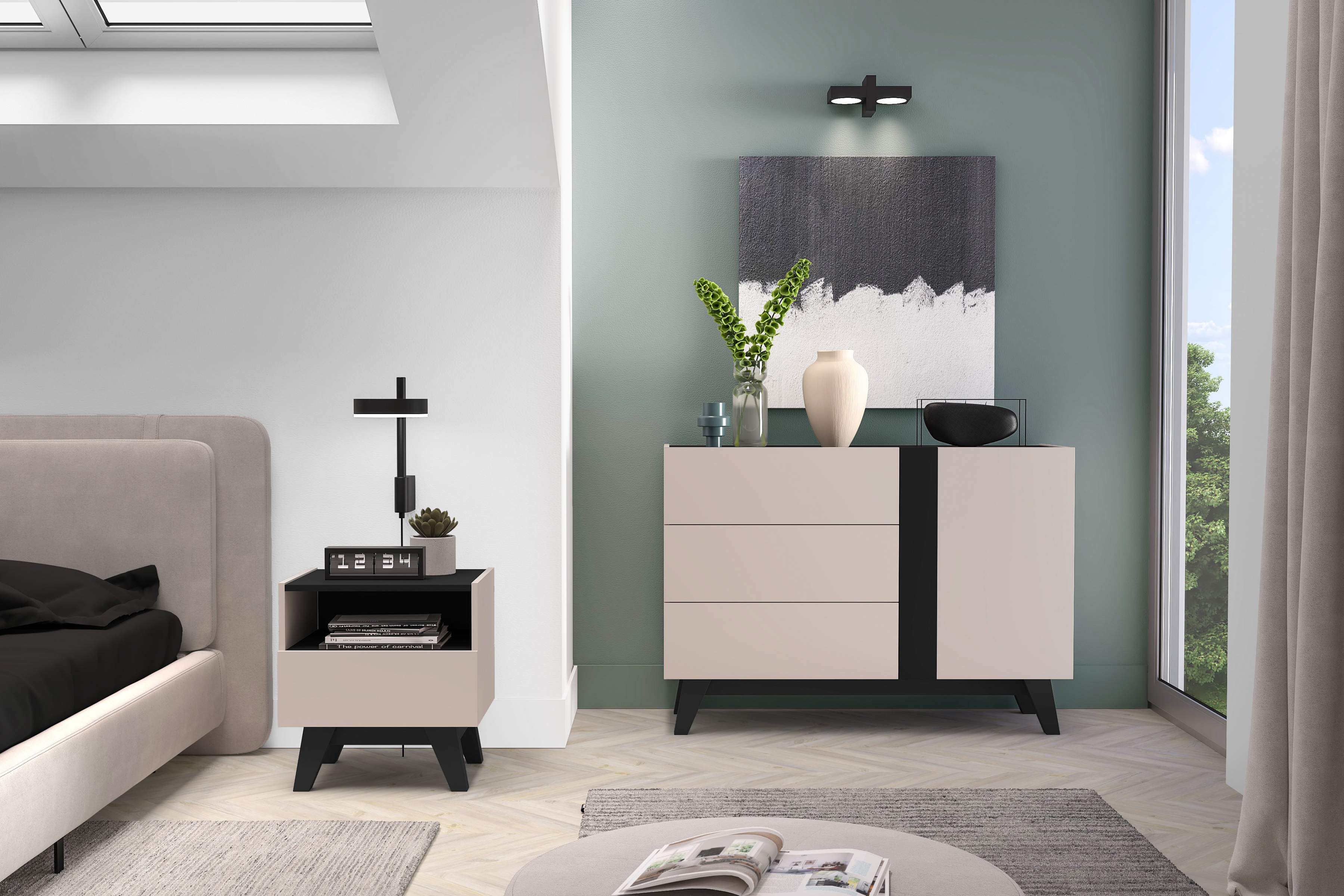 Noční stolek Salio 50 cm se zásuvkami - kašmír / černý Noční stolek Salio 50 cm se zásuvkami - kašmír / černá