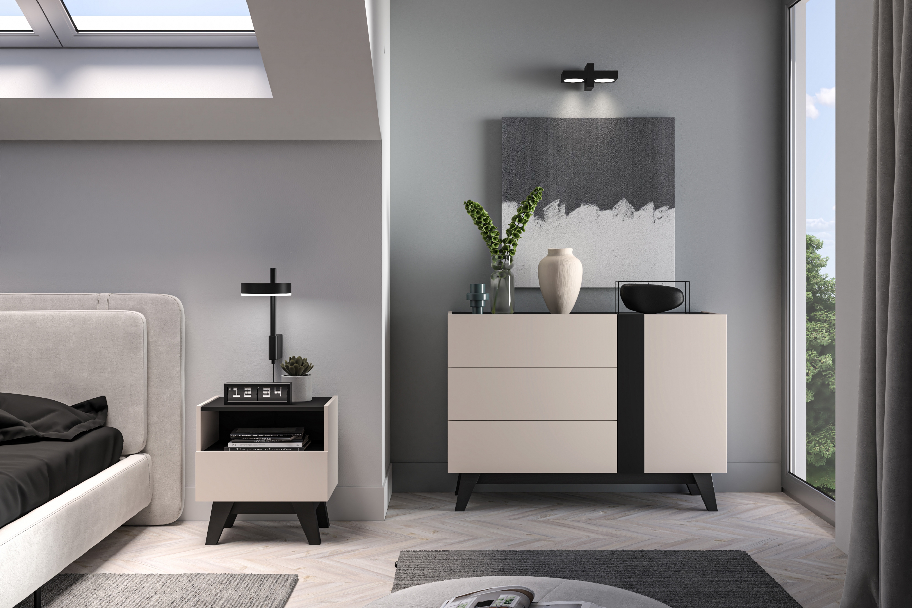 Noční stolek Salio 50 cm se zásuvkami - kašmír / černý Noční stolek Salio 50 cm se zásuvkami - kašmír / černá