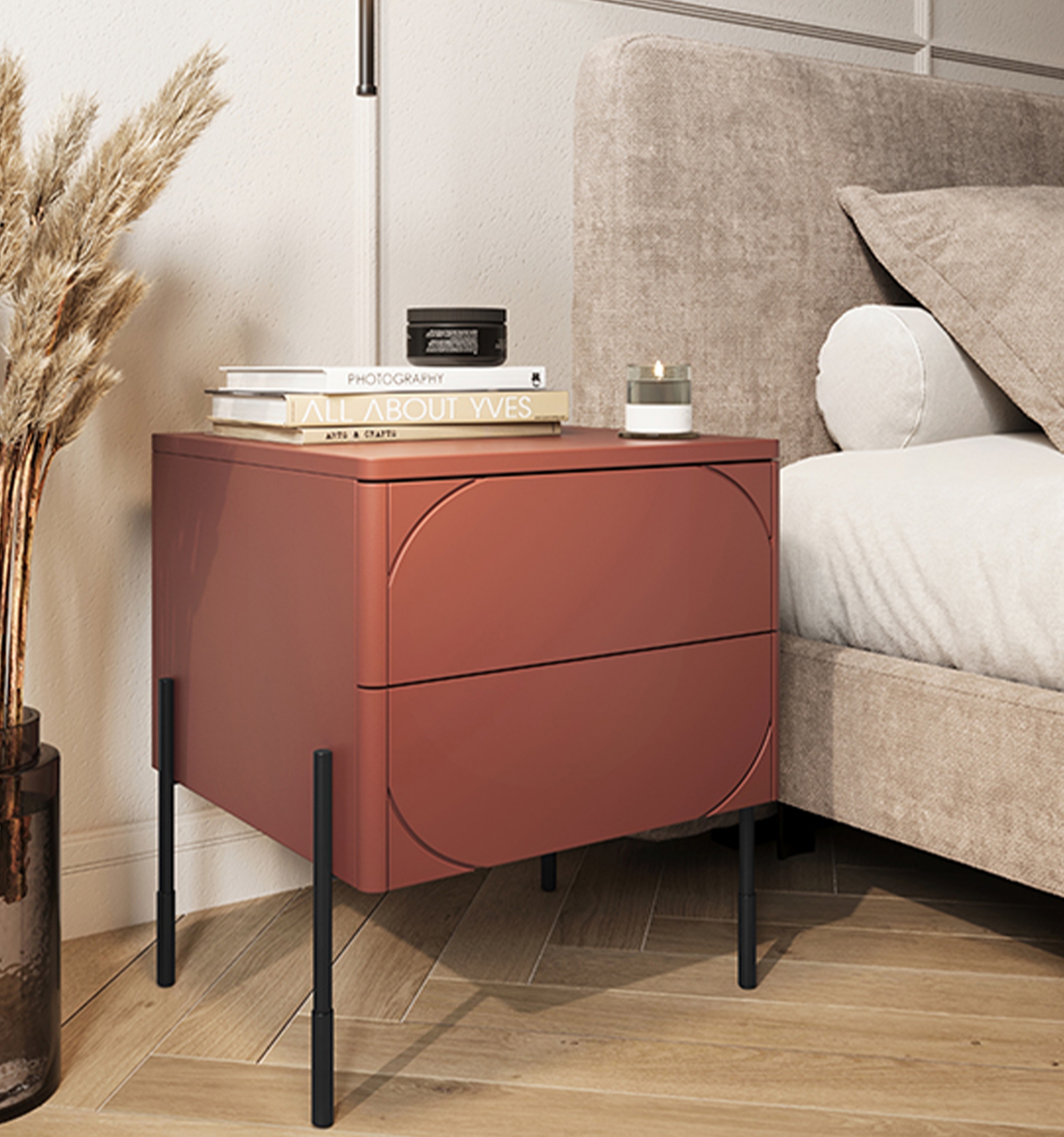 Noční stolek Sonatia 45 cm - burgund Noční stolek z dwoma zásuvkami Sonatia na kovových nohách 45 cm - burgund