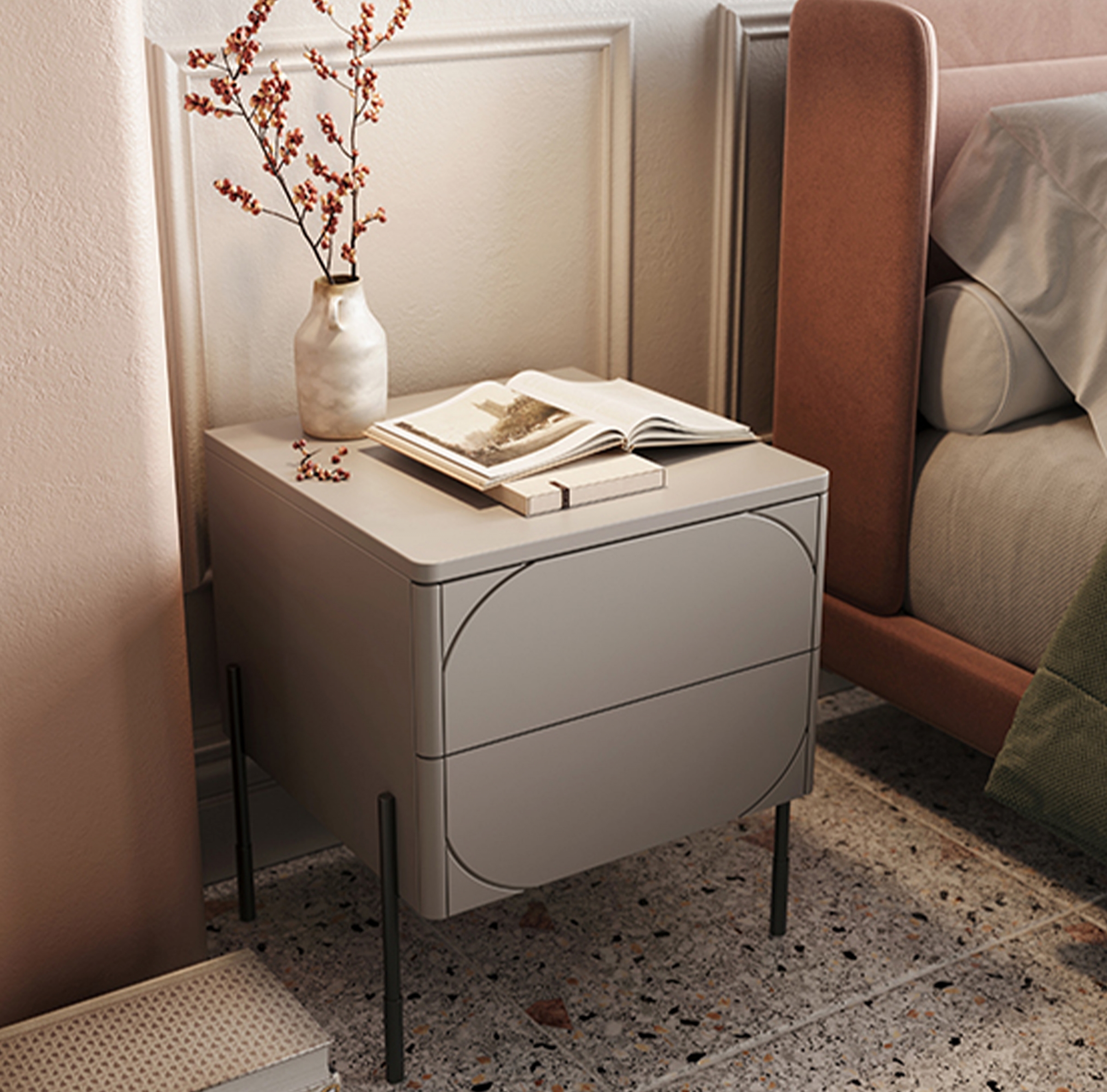 Noční stolek Sonatia 45 cm - kašmír Noční stolek z dwoma zásuvkami Sonatia na kovových nohách 45 cm - kašmír