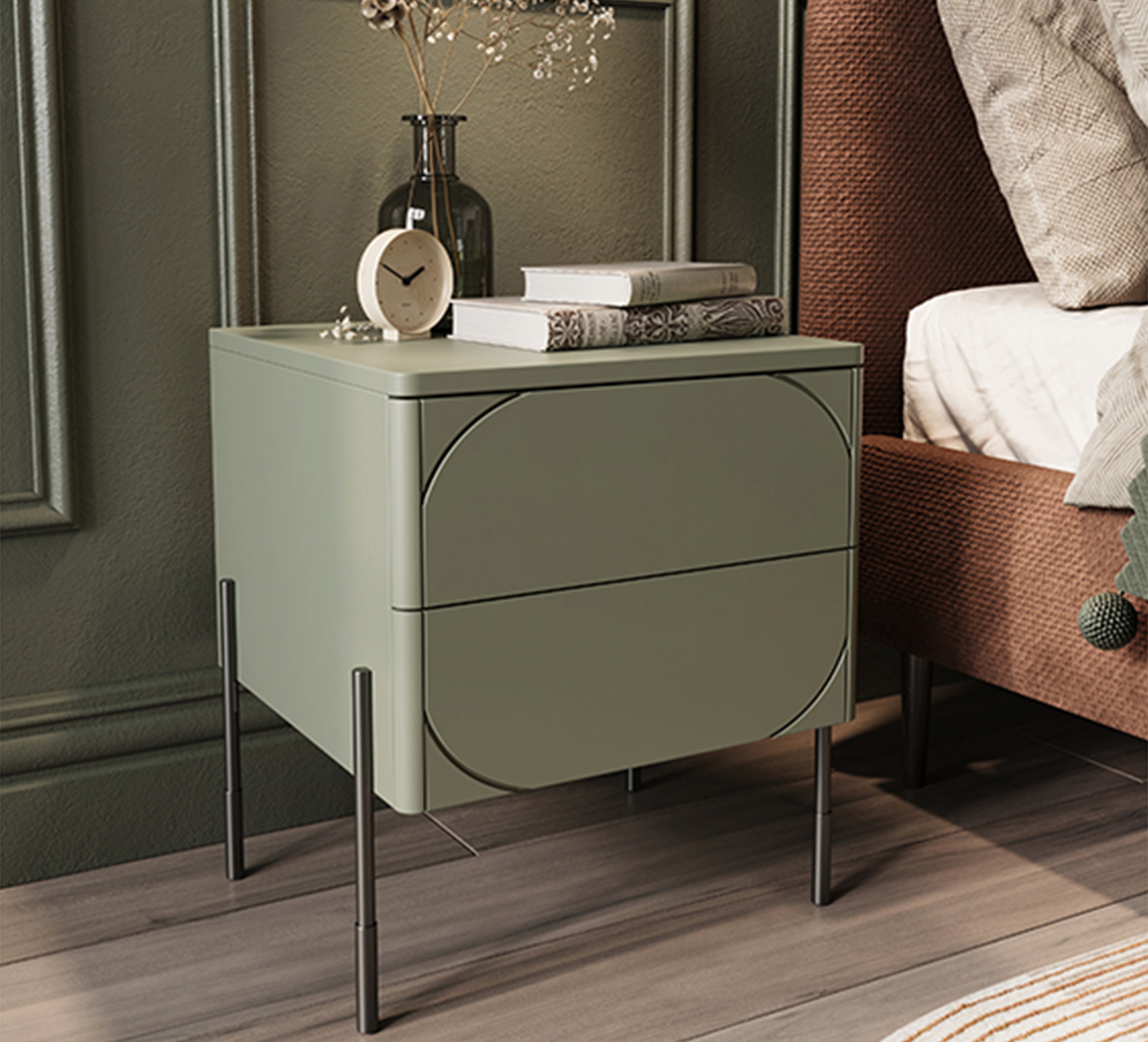 Noční stolek Sonatia 45 cm - olivová Noční stolek z dwoma zásuvkami Sonatia na kovových nohách 45 cm - olivová