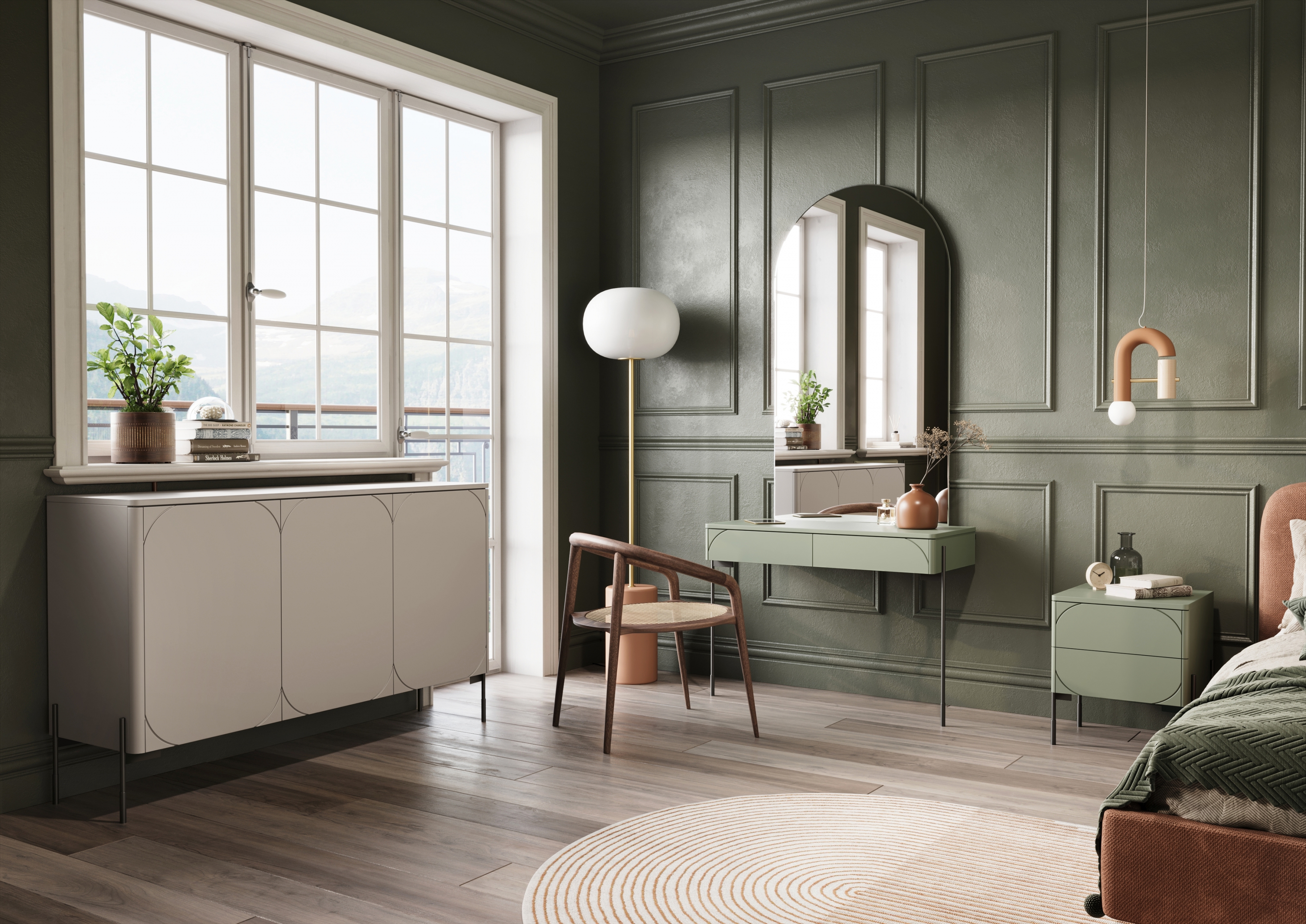 Noční stolek Sonatia 45 cm - olivová Noční stolek z dwoma zásuvkami Sonatia na kovových nohách 45 cm - olivová