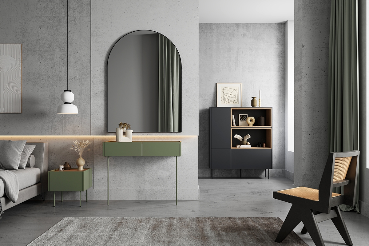 Noční stolek Desin 45 cm - olivová / dub nagano Noční stolek se zásuvkou Desin 45 cm - Oliva / Dub nagano - aranzacja 1