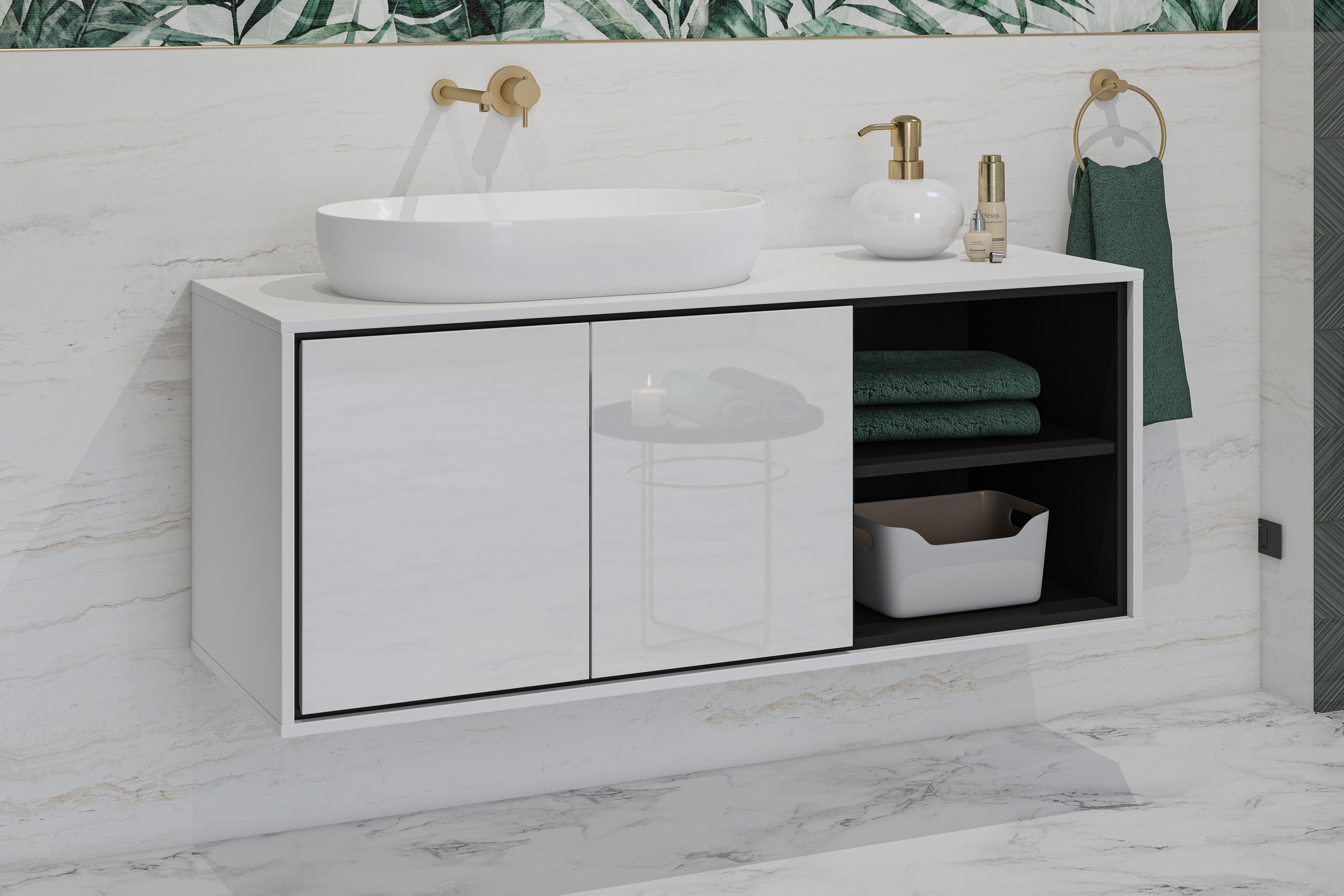 Závěsná skříňka pod umyvadlo Irvine 120 cm – bílá-černá / bílý lesk skříňka pod umywalke 2D Irvine 120 cm závěsná - bílá-černá / bílá lesk