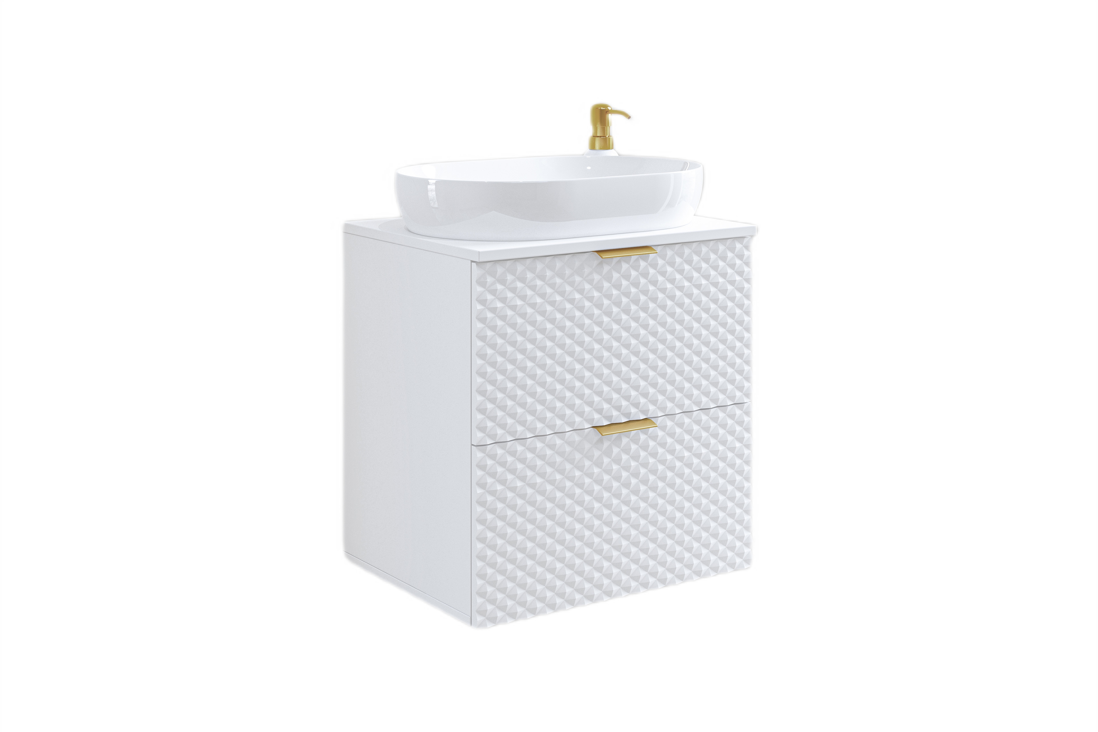 Závěsná umyvadlová skříňka Laura 60 cm se zásuvkami - bílá / bílý pyramidický mat skříňka pod umywalke Laura 60 cm závěsná se zásuvkami - bílá / bílá mat piramidki