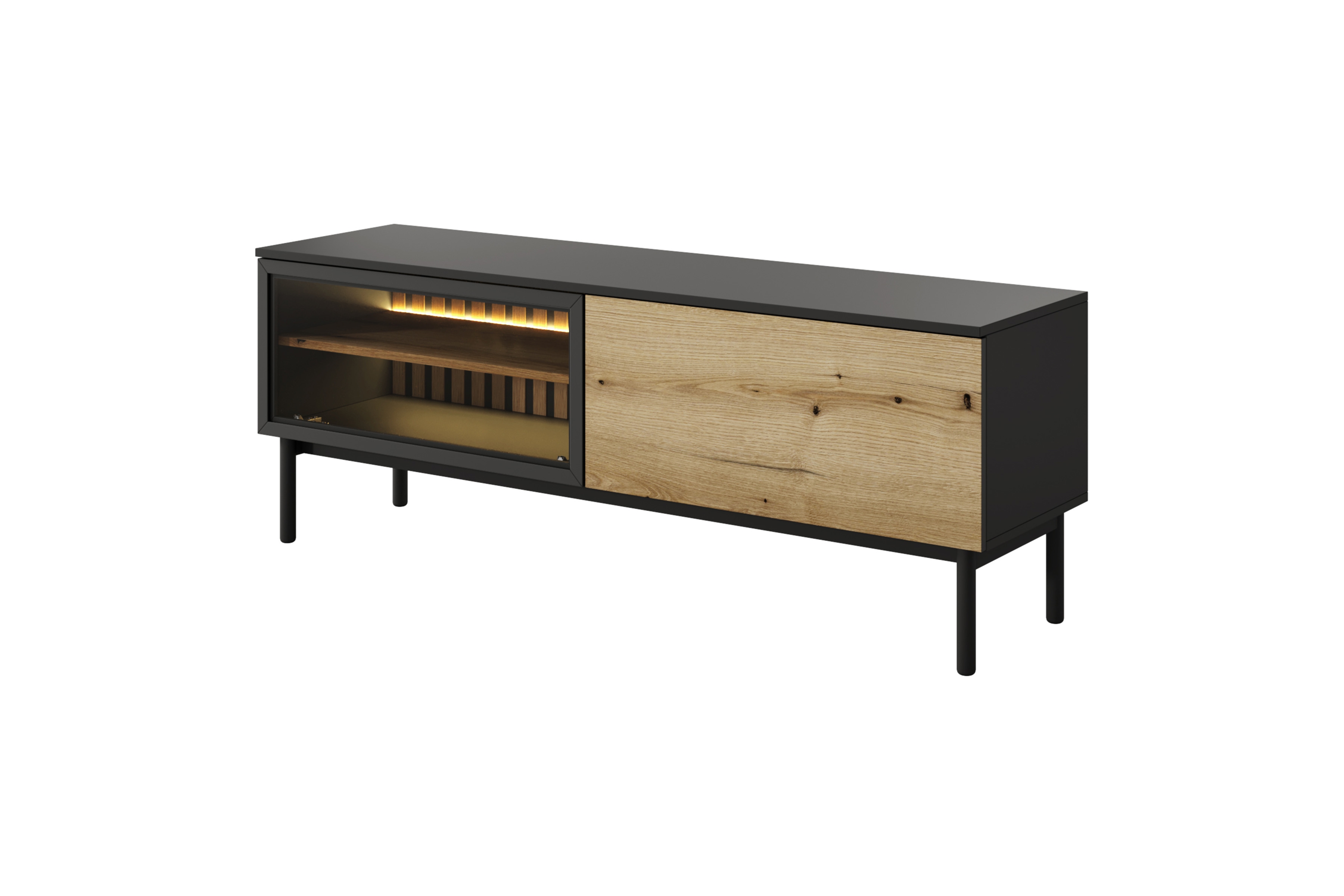 TV stolek Noro 150 cm s LED osvětlením - dub evoke / černá skříňka RTV 150 cm s osvětlením LED - dub evoke / černá