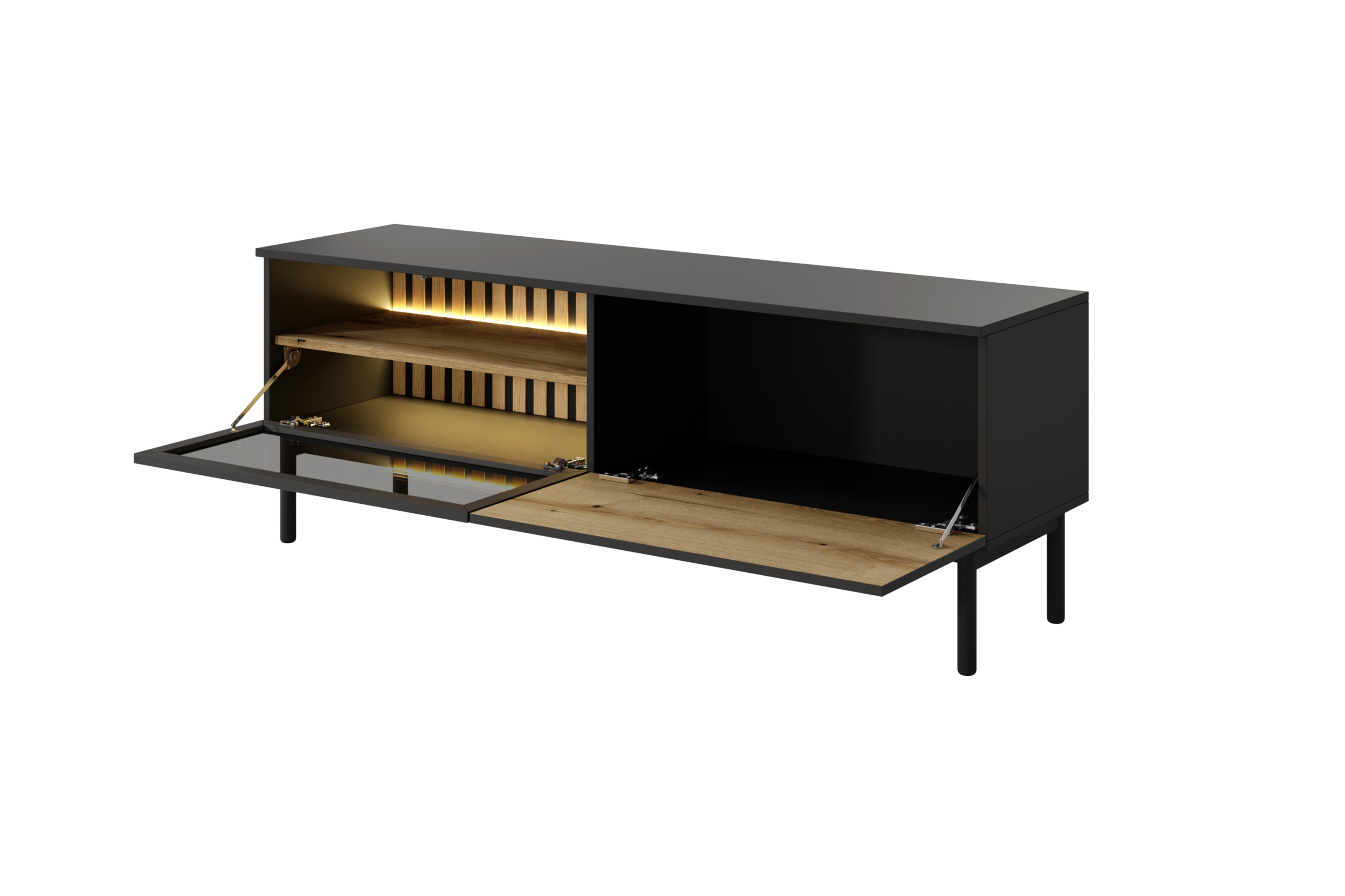 TV stolek Noro 150 cm s LED osvětlením - dub evoke / černá skříňka RTV 150 cm s osvětlením LED - dub evoke / černá