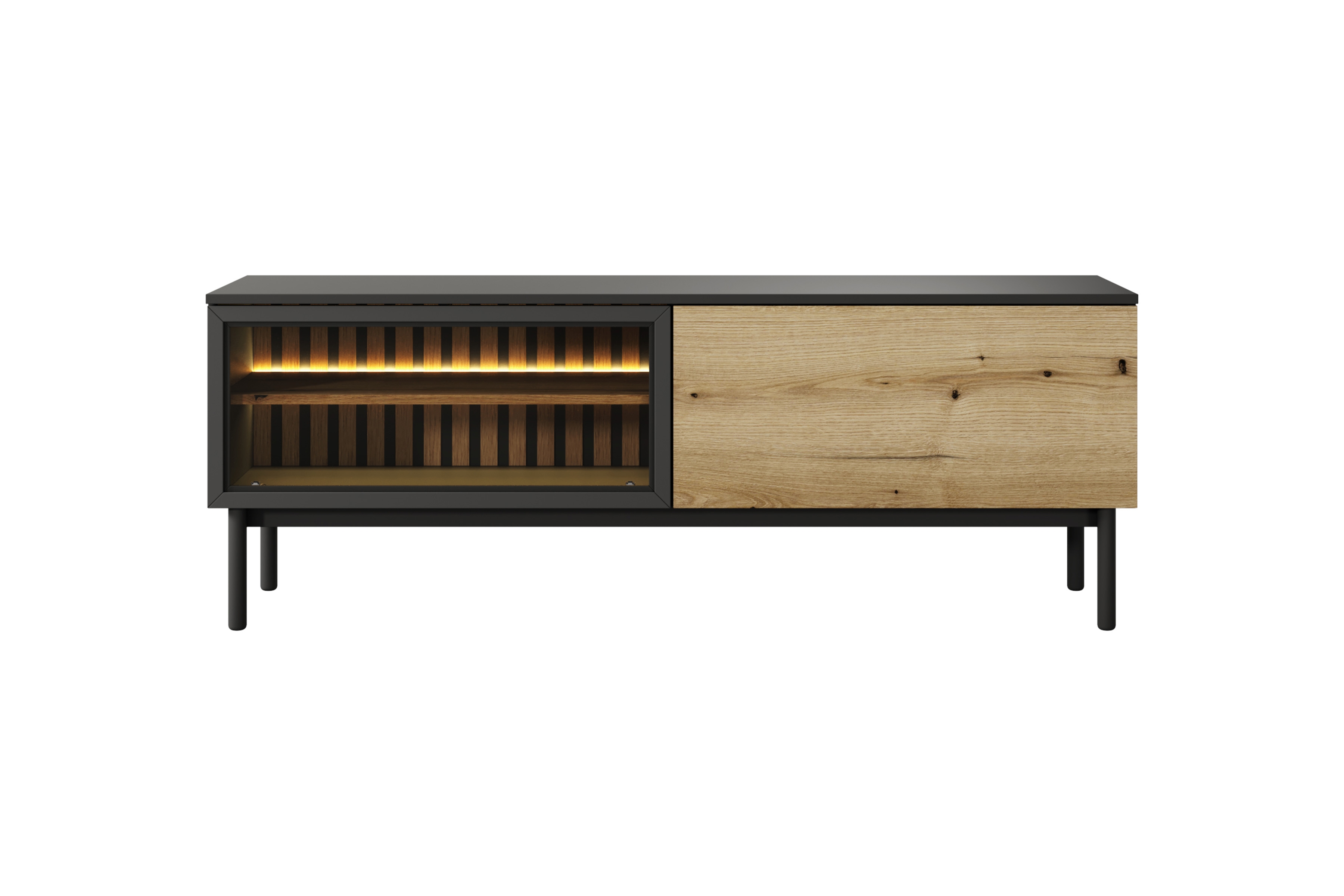 TV stolek Noro 150 cm s LED osvětlením - dub evoke / černá skříňka RTV 150 cm s osvětlením LED - dub evoke / černá