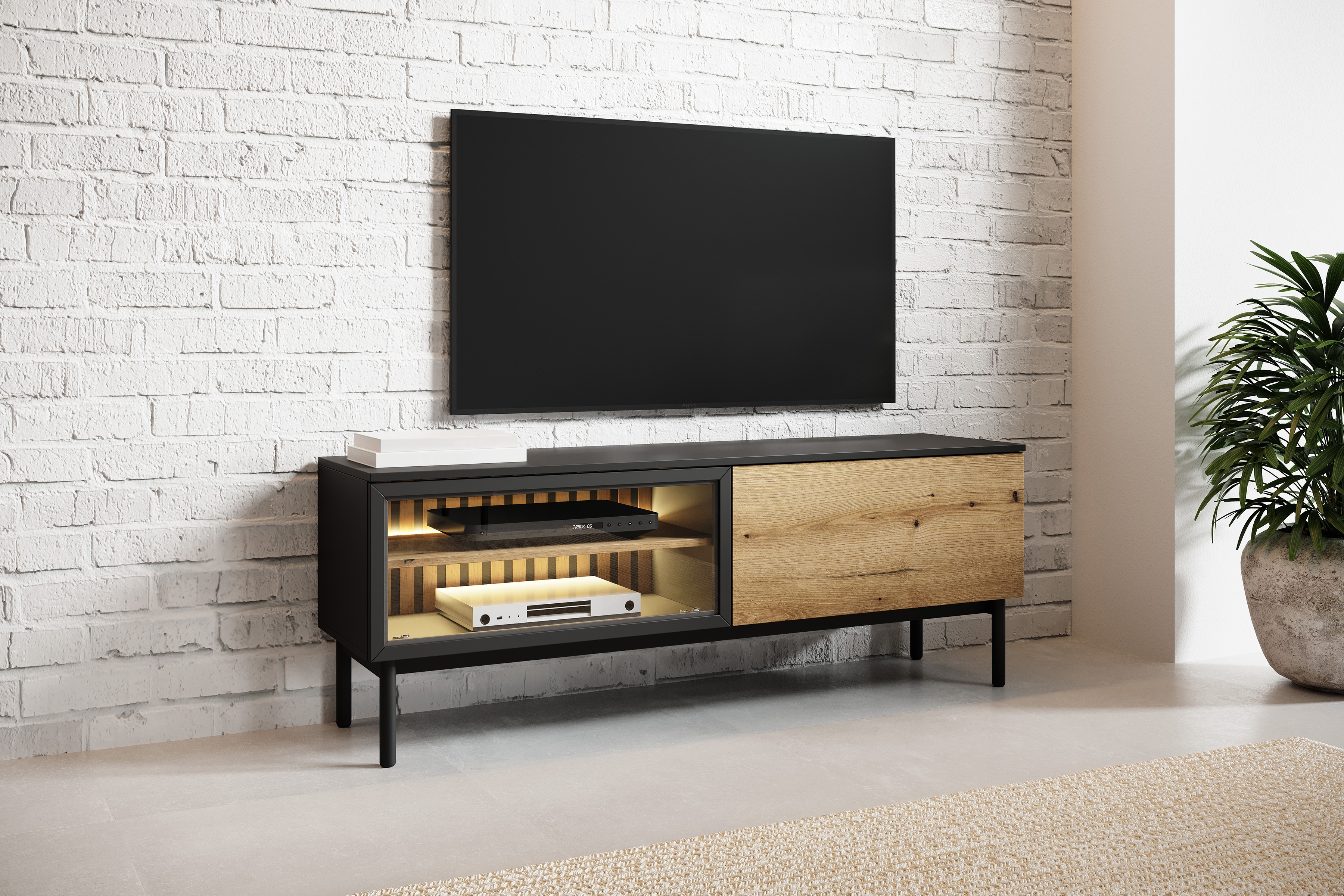 TV stolek Noro 150 cm s LED osvětlením - dub evoke / černá skříňka RTV 150 cm s osvětlením LED - dub evoke / černá