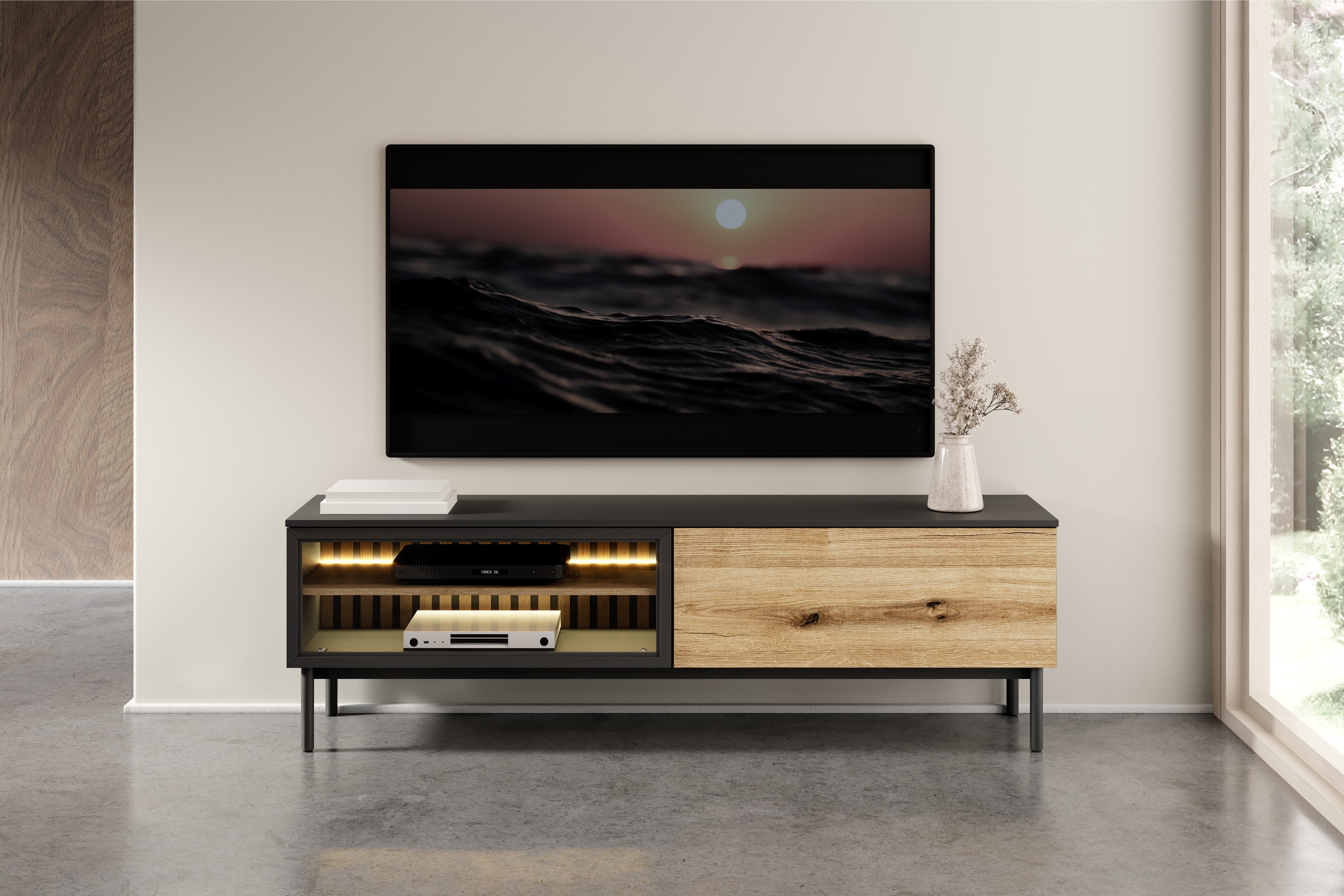 TV stolek Noro 180 cm s LED osvětlením - dub evoke / černá skříňka RTV 180 cm s osvětlením LED - dub evoke / černá