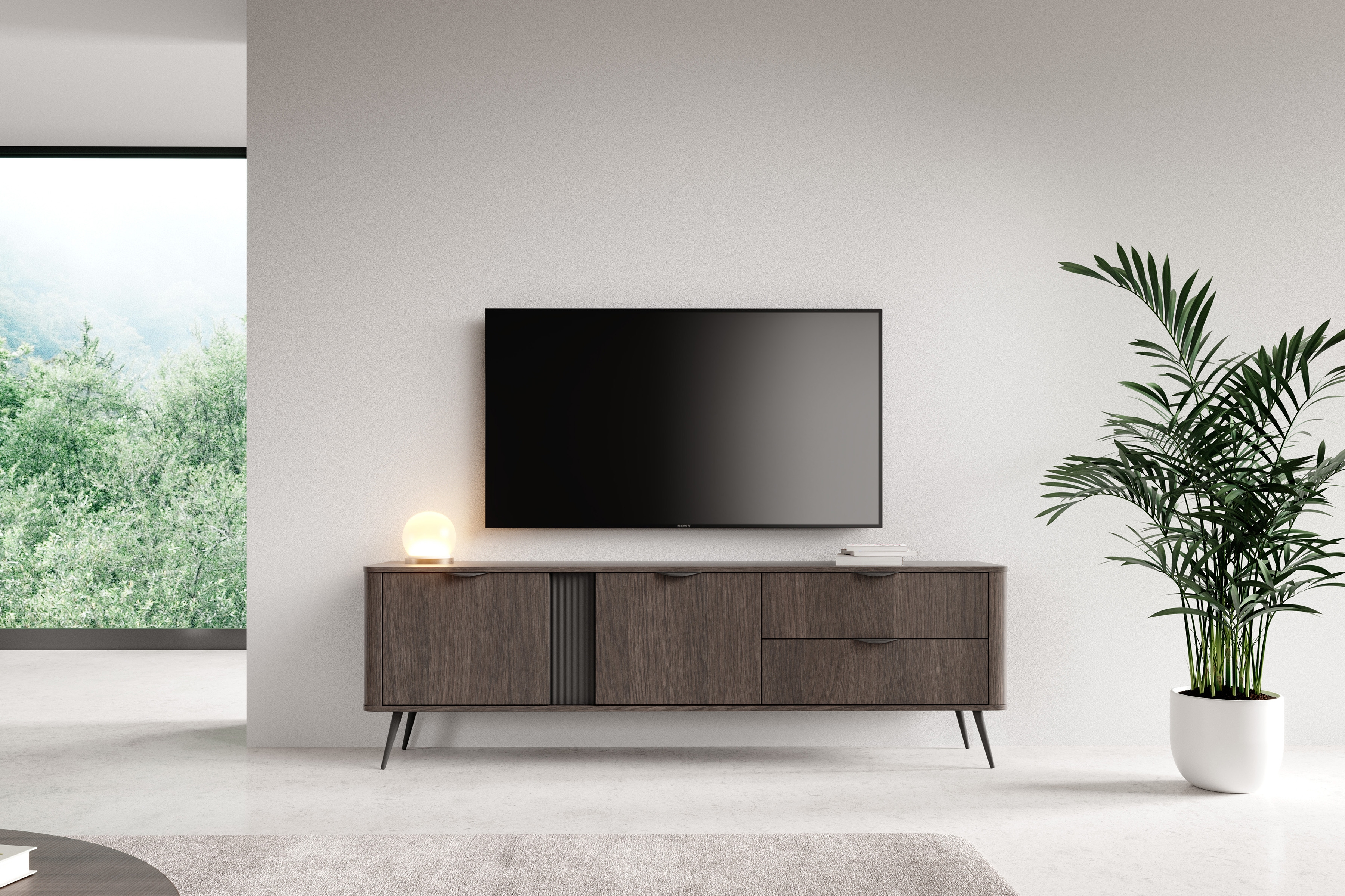 TV stolek Edrin 195 cm se zásuvkami - dub dunin / černá skříňka RTV 195 cm se zásuvkami - dub dunin / černá