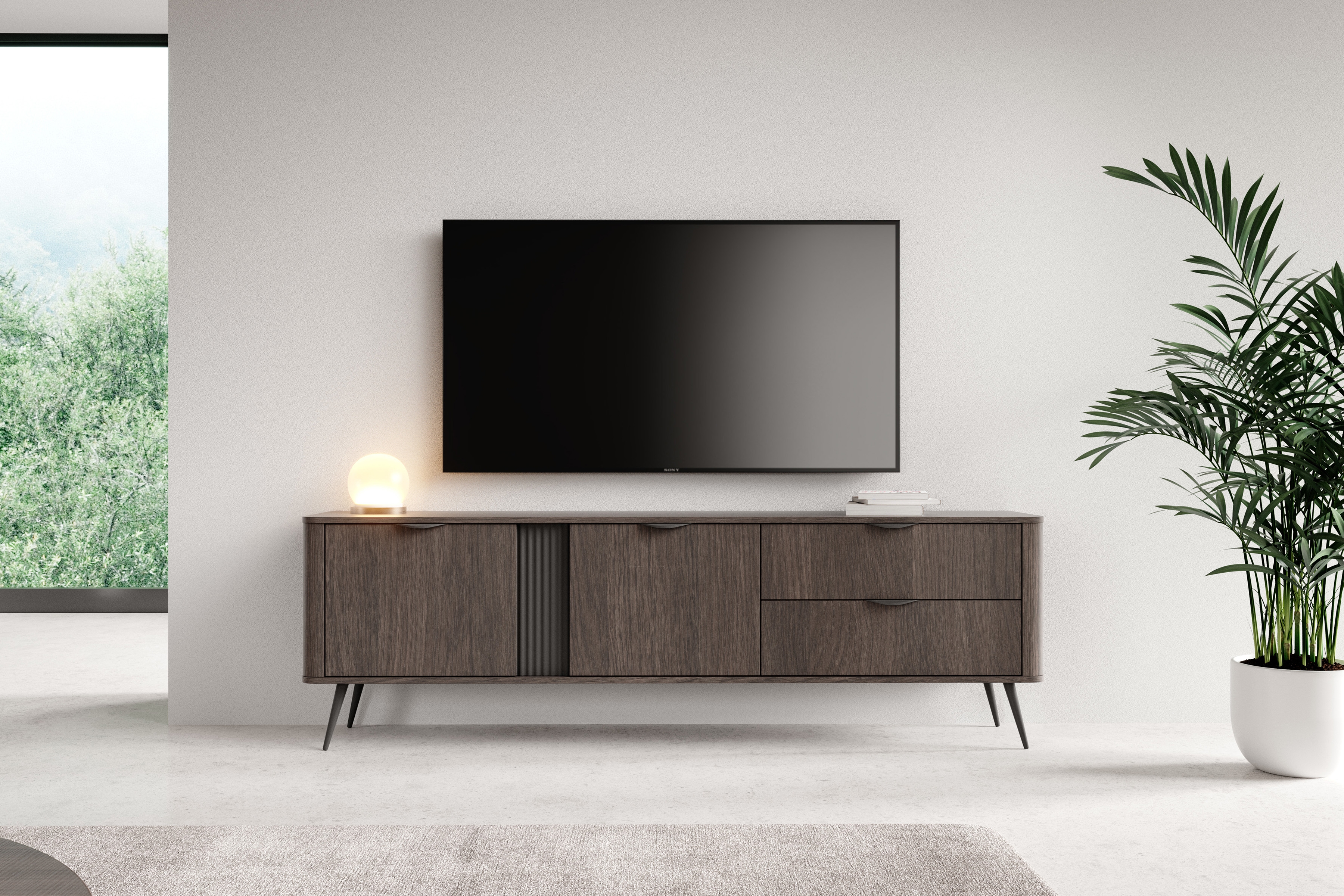 TV stolek Edrin 195 cm se zásuvkami - dub dunin / černá skříňka RTV 195 cm se zásuvkami - dub dunin / černá