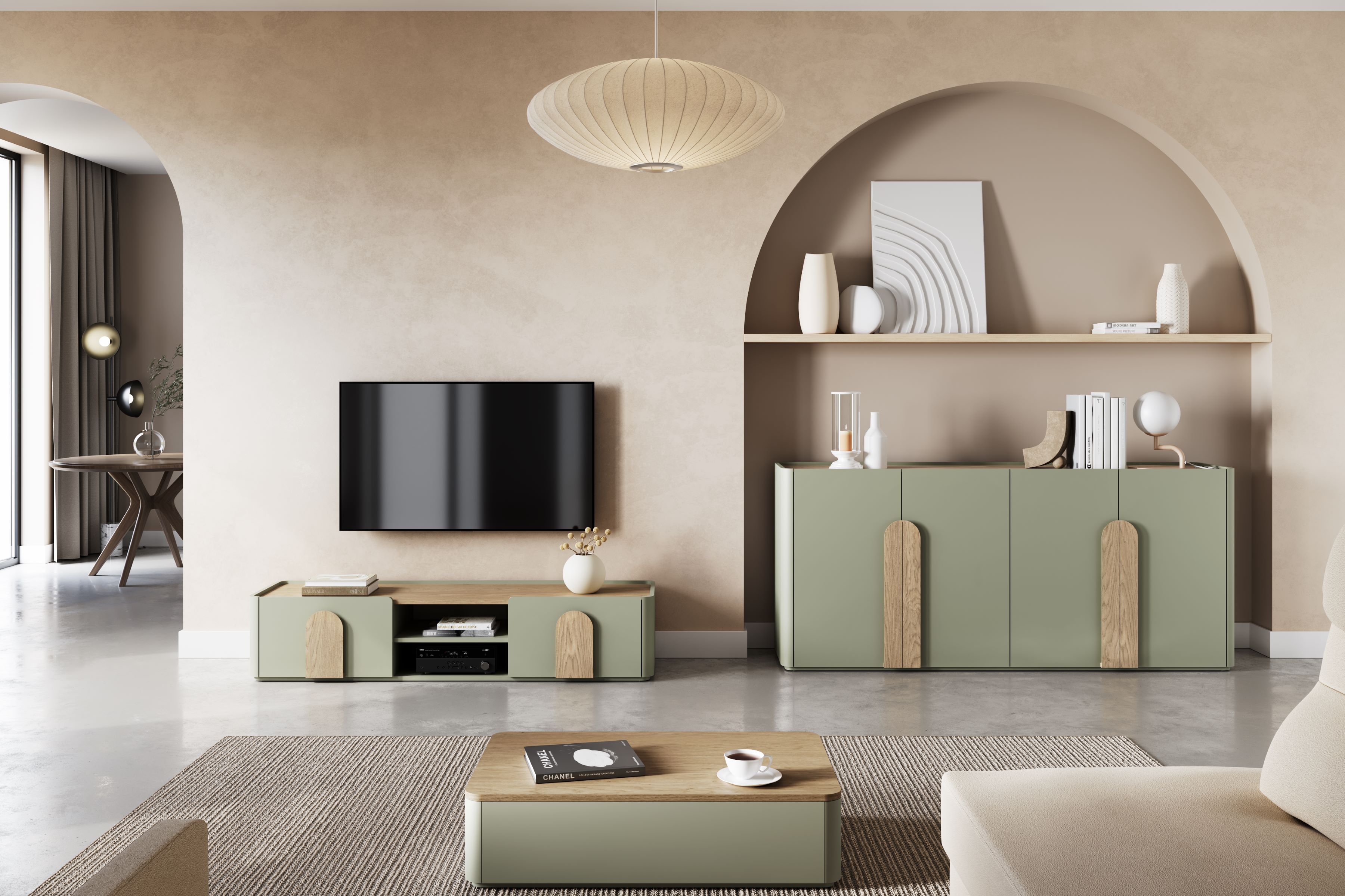 TV stolík Amilio 170 cm so zásuvkou - eukalyptus / dub baltic dune / úchytky dub prírodný TV skrinka Amilio 170 cm z szuflada - eukaliptus / Dub baltic dune / úchyty Dub prírodné