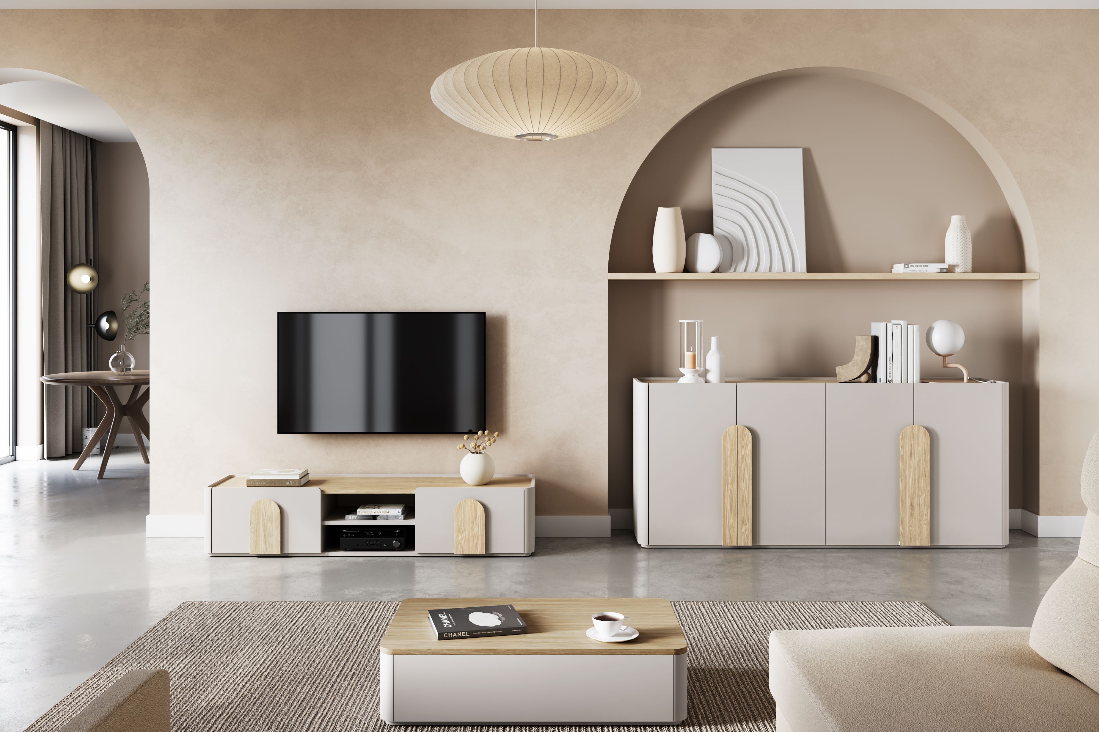 TV stolík Amilio 170 cm so zásuvkou - kašmírová / dub olejovaný / dub svetlý TV skrinka Amilio 170 cm z szuflada - kašmír / Dub olejowany / úchyty Svetlý dub