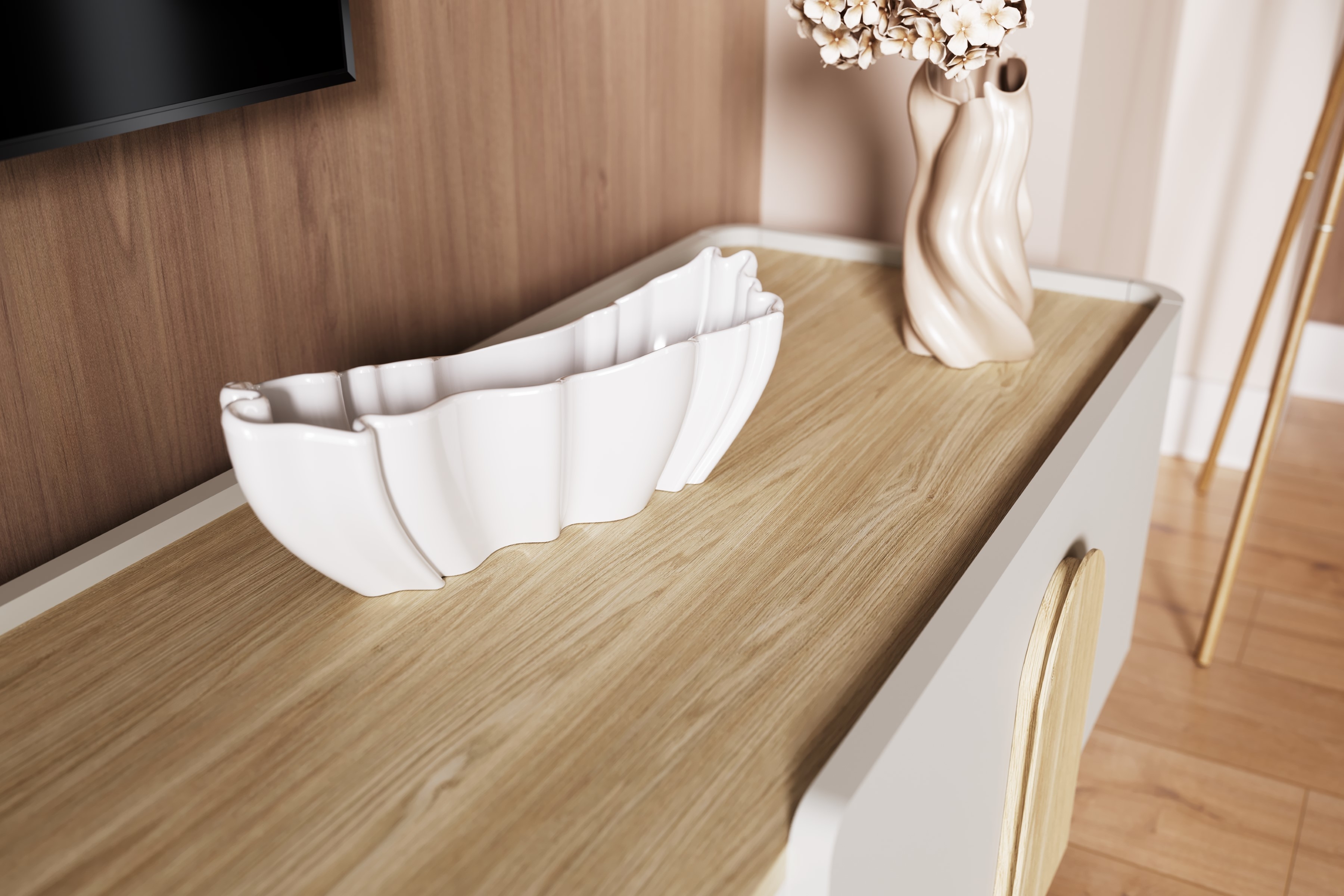 TV stolík Amilio 170 cm so zásuvkou - kašmírová / dub olejovaný / dub svetlý TV skrinka Amilio 170 cm z szuflada - kašmír / Dub olejowany / úchyty Svetlý dub