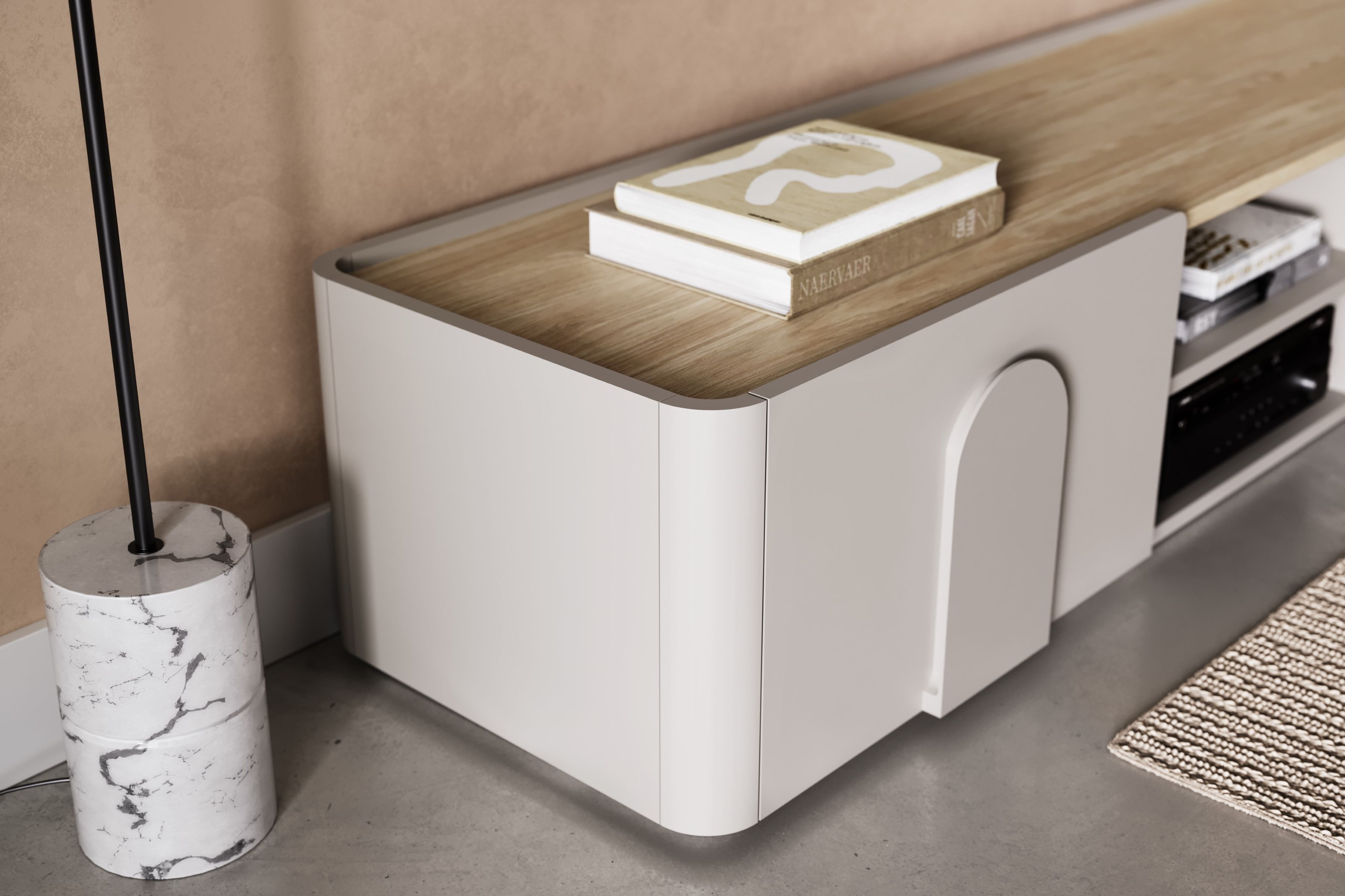 TV stolík Amilio 170 cm so zásuvkou - kašmírová / dub olejovaný TV skrinka Amilio 170 cm z szuflada - kašmír / Dub olejowany / úchyty kašmír