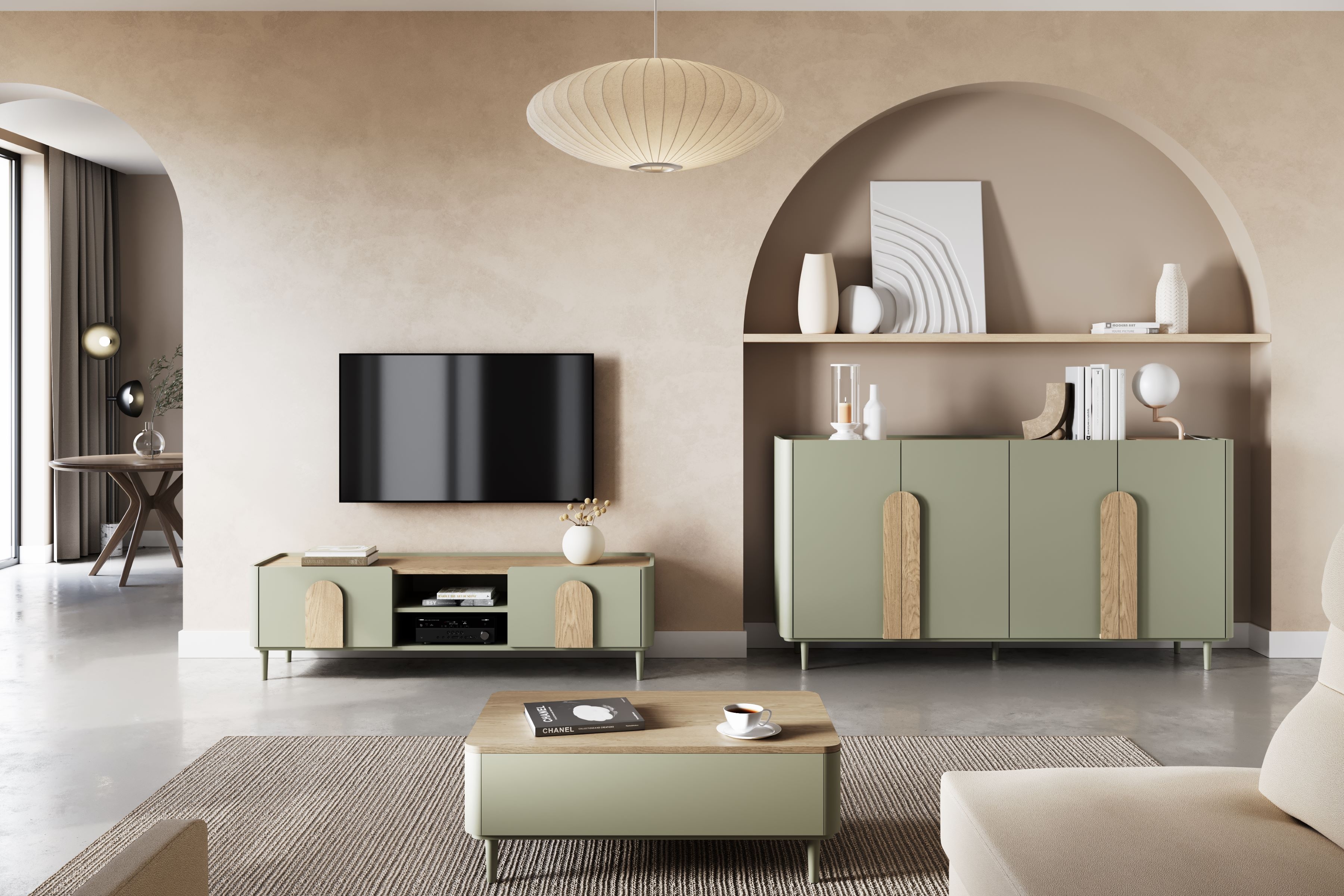 TV stolík Amilio 170 cm so zásuvkou - eukalyptus / dub baltic dune / dub prírodný TV skrinka Amilio 170 cm z szuflada na nôžkach - eukaliptus / Dub baltic dune / úchyty Dub prírodné