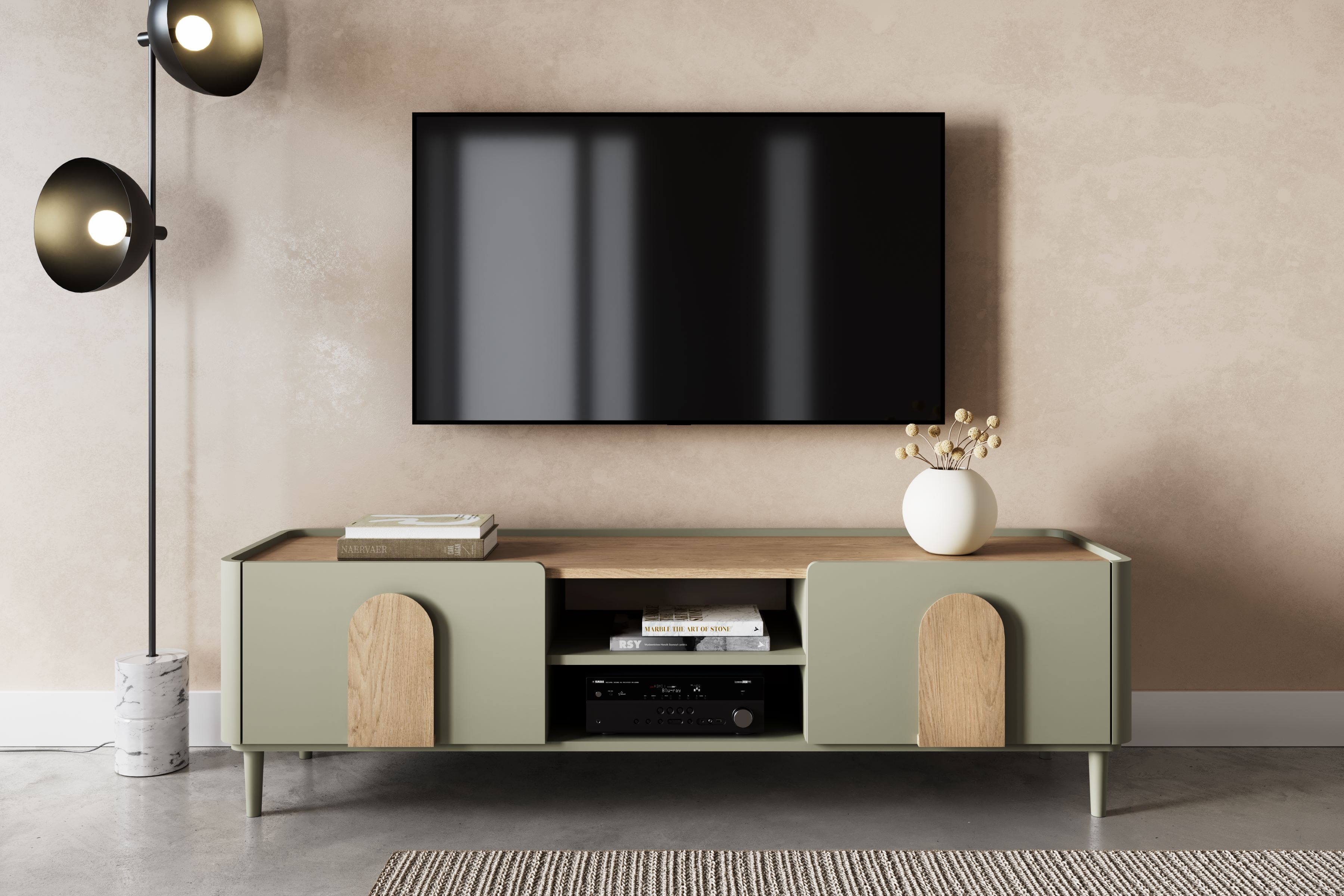 TV stolík Amilio 170 cm so zásuvkou - eukalyptus / dub baltic dune / dub prírodný TV skrinka Amilio 170 cm z szuflada na nôžkach - eukaliptus / Dub baltic dune / úchyty Dub prírodné