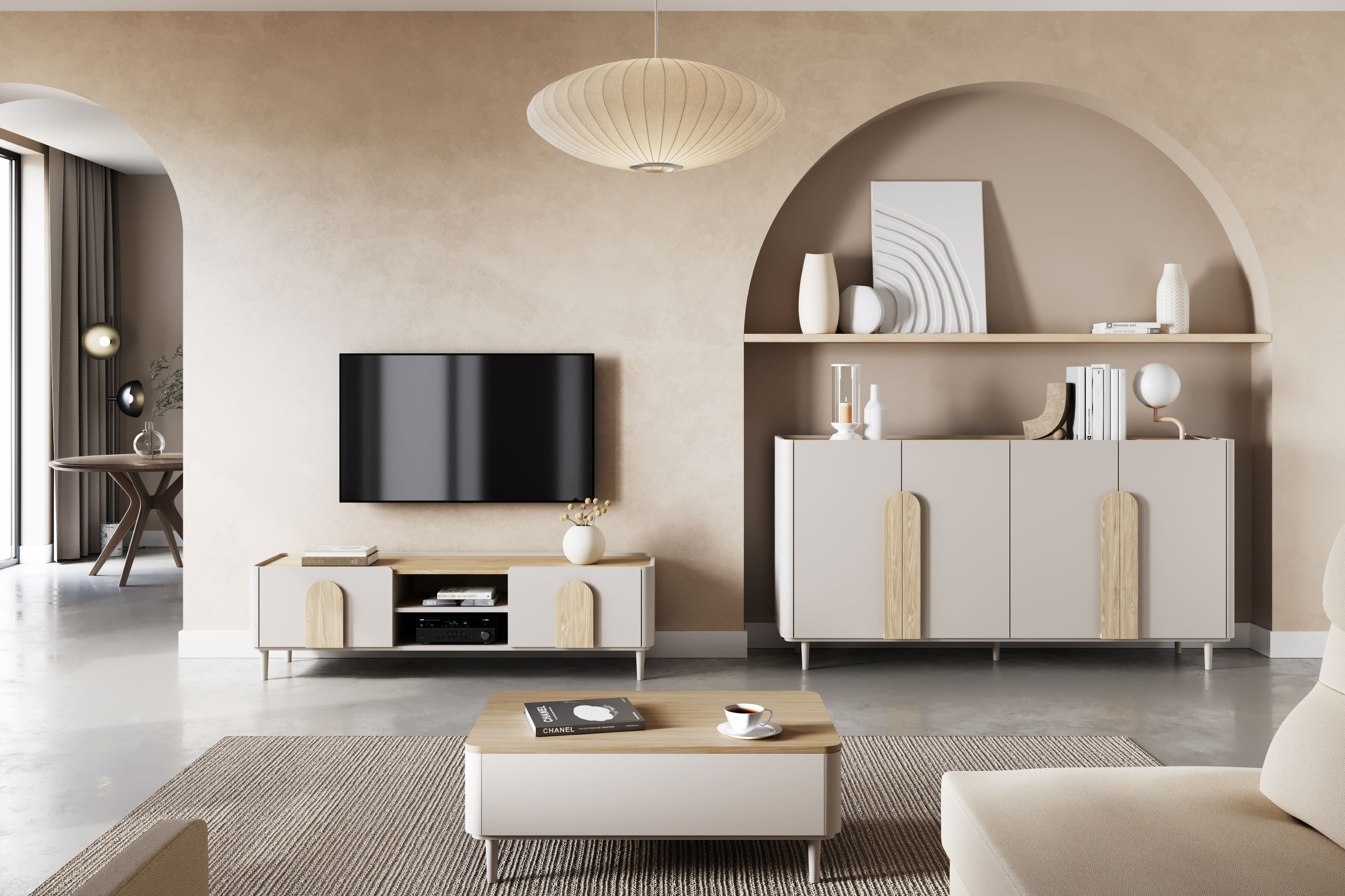 TV stolík Amilio 170 cm so zásuvkou - kašmírová / dub olejovaný / dub svetlý TV skrinka Amilio 170 cm z szuflada na nôžkach - kašmír / Dub olejowany / úchyty Svetlý dub