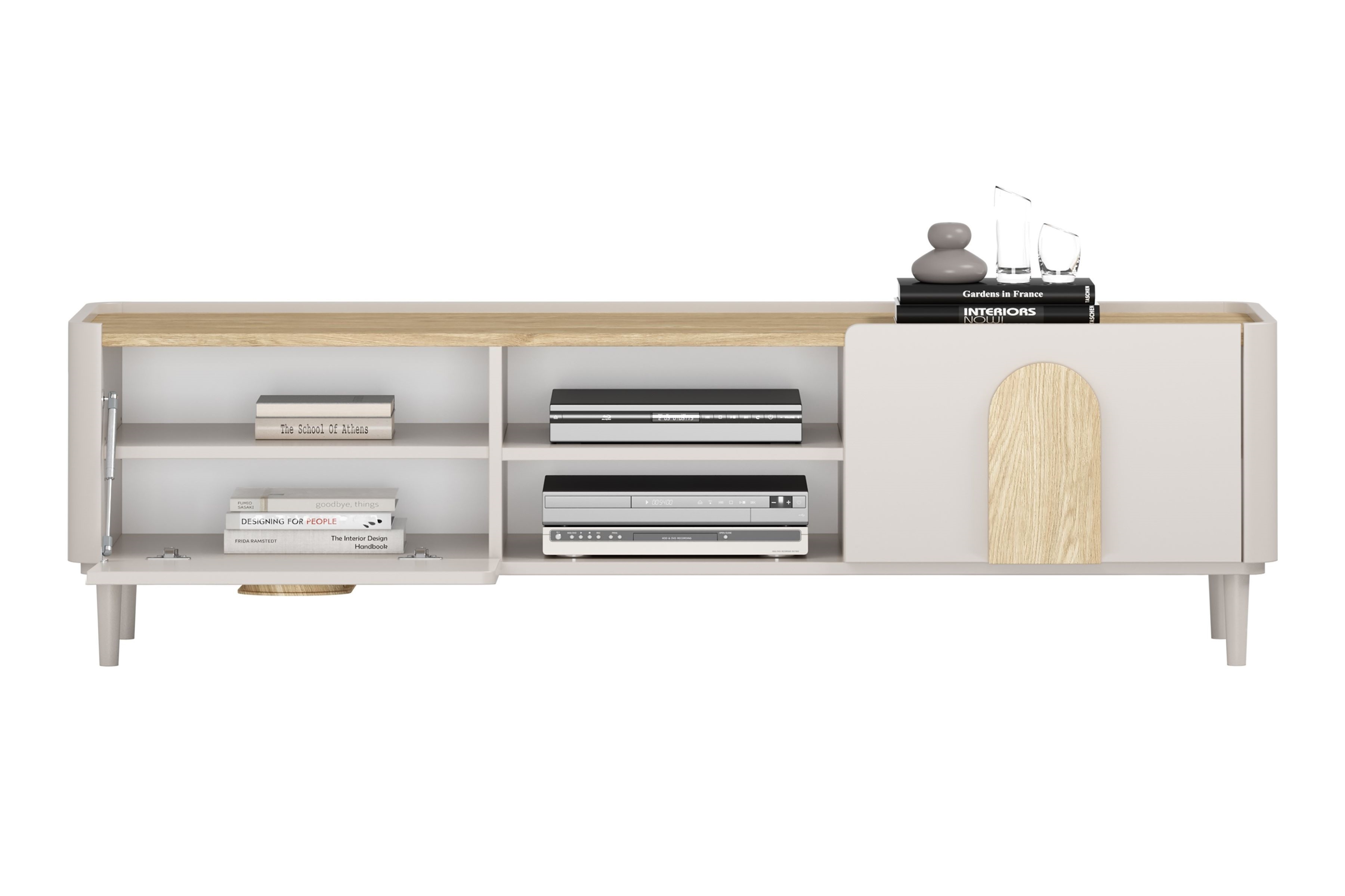 TV stolík Amilio 170 cm so zásuvkou - kašmírová / dub olejovaný / dub svetlý TV skrinka Amilio 170 cm z szuflada na nôžkach - kašmír / Dub olejowany / úchyty Svetlý dub