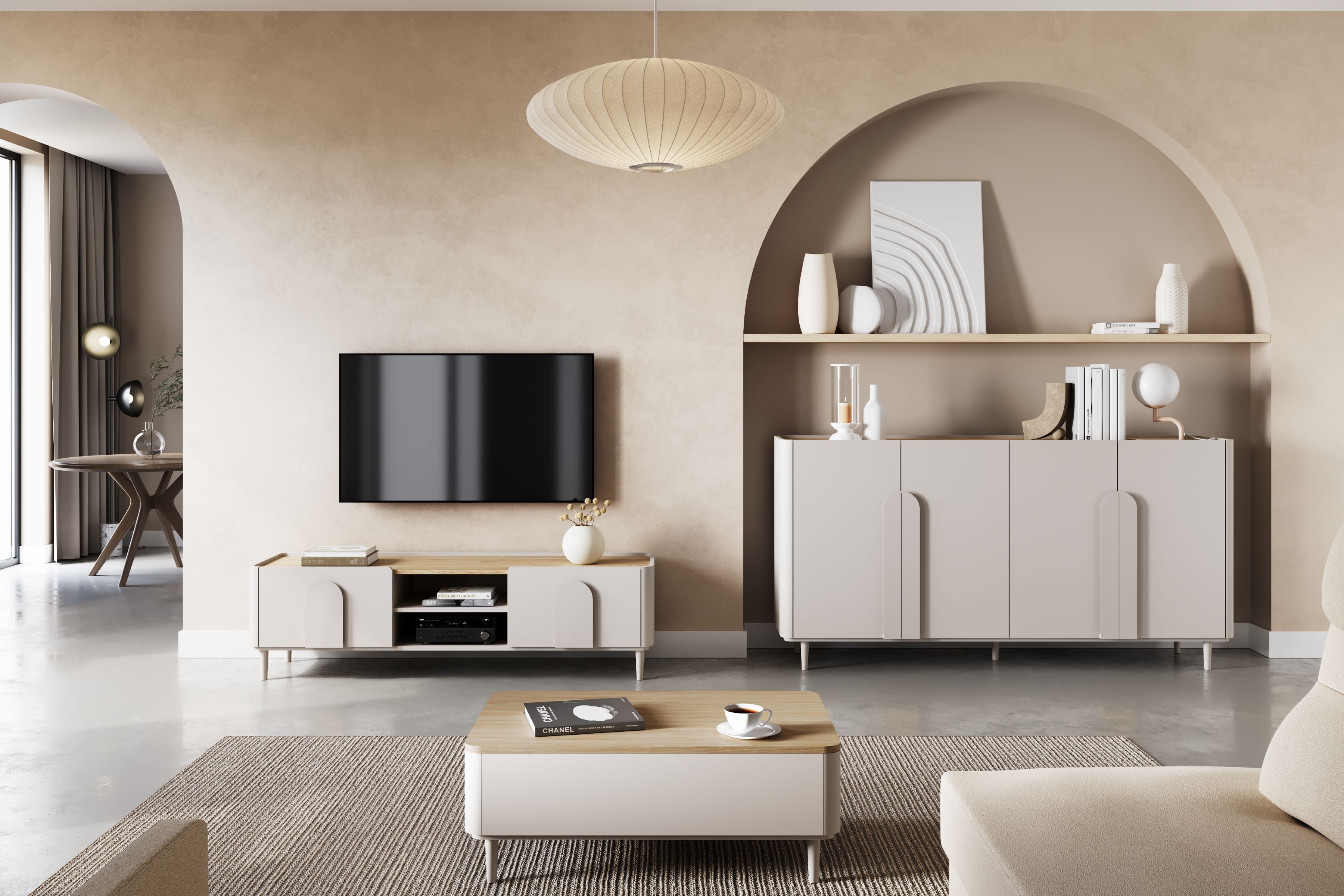 TV stolík Amilio 170 cm so zásuvkou - kašmírová / dub olejovaný TV skrinka Amilio 170 cm z szuflada na nôžkach - kašmír / Dub olejowany / úchyty kašmír