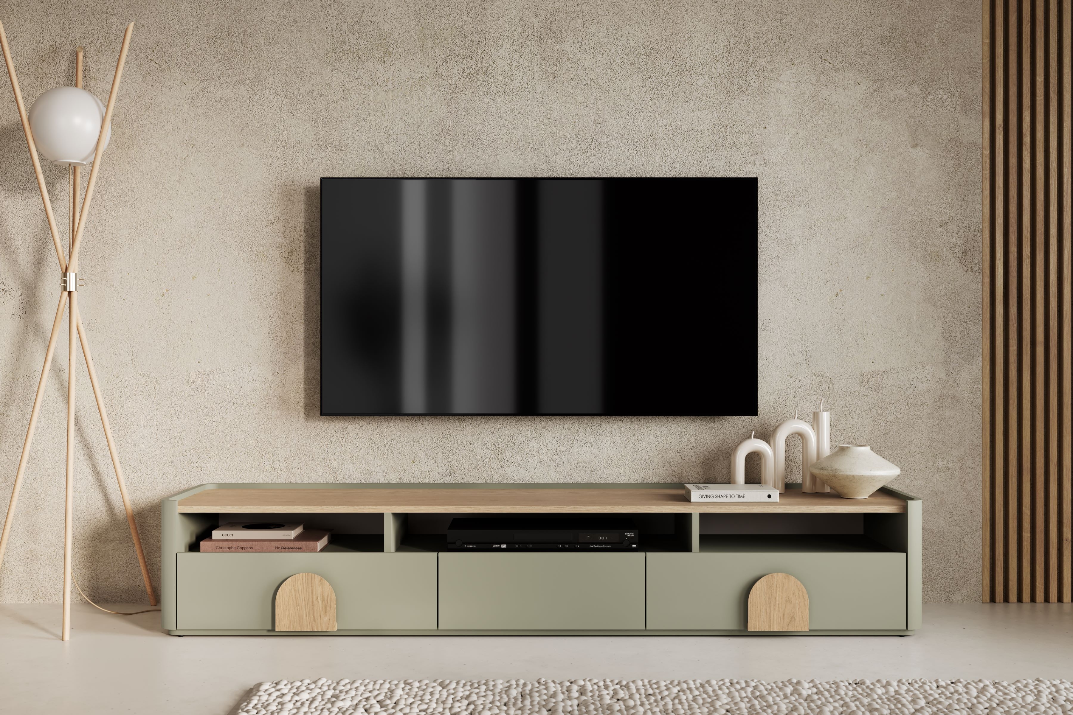 TV stolík Amilio 200 cm so zásuvkami - eukalyptus / dub baltic dune / úchytky dub prírodný TV skrinka Amilio 200 cm so zásuvkami - eukaliptus / Dub baltic dune / úchyty Dub prírodné