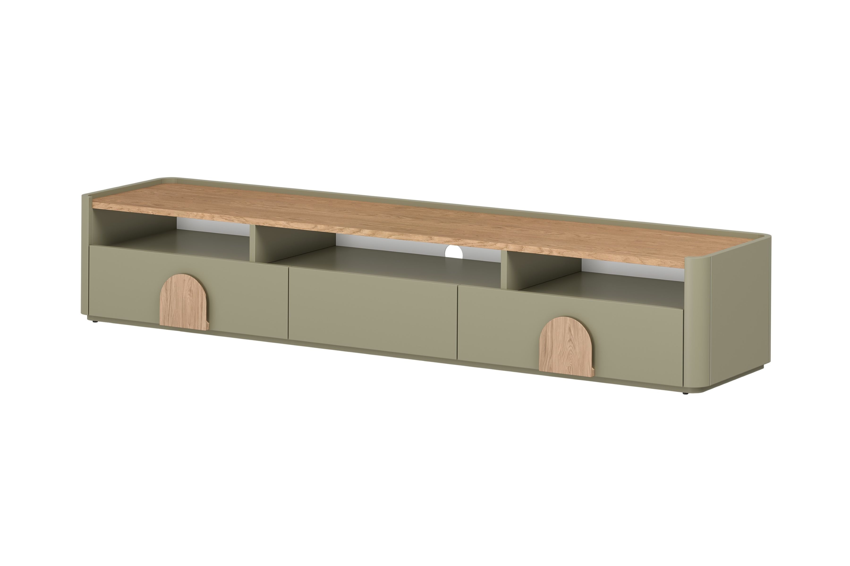 TV stolík Amilio 200 cm so zásuvkami - eukalyptus / dub baltic dune / úchytky dub prírodný TV skrinka Amilio 200 cm so zásuvkami - eukaliptus / Dub baltic dune / úchyty Dub prírodné