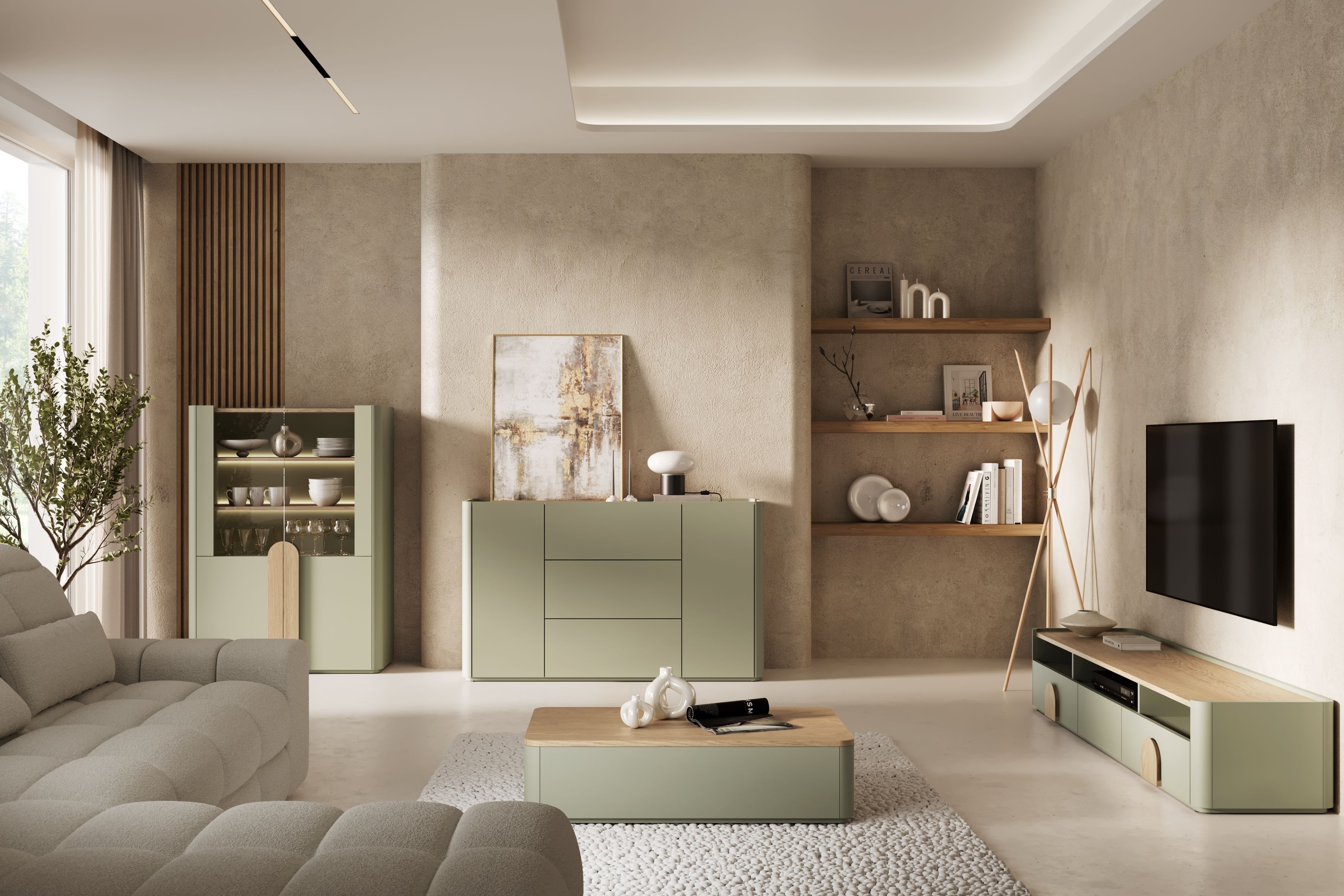 TV stolík Amilio 200 cm so zásuvkami - eukalyptus / dub baltic dune / úchytky dub prírodný TV skrinka Amilio 200 cm so zásuvkami - eukaliptus / Dub baltic dune / úchyty Dub prírodné