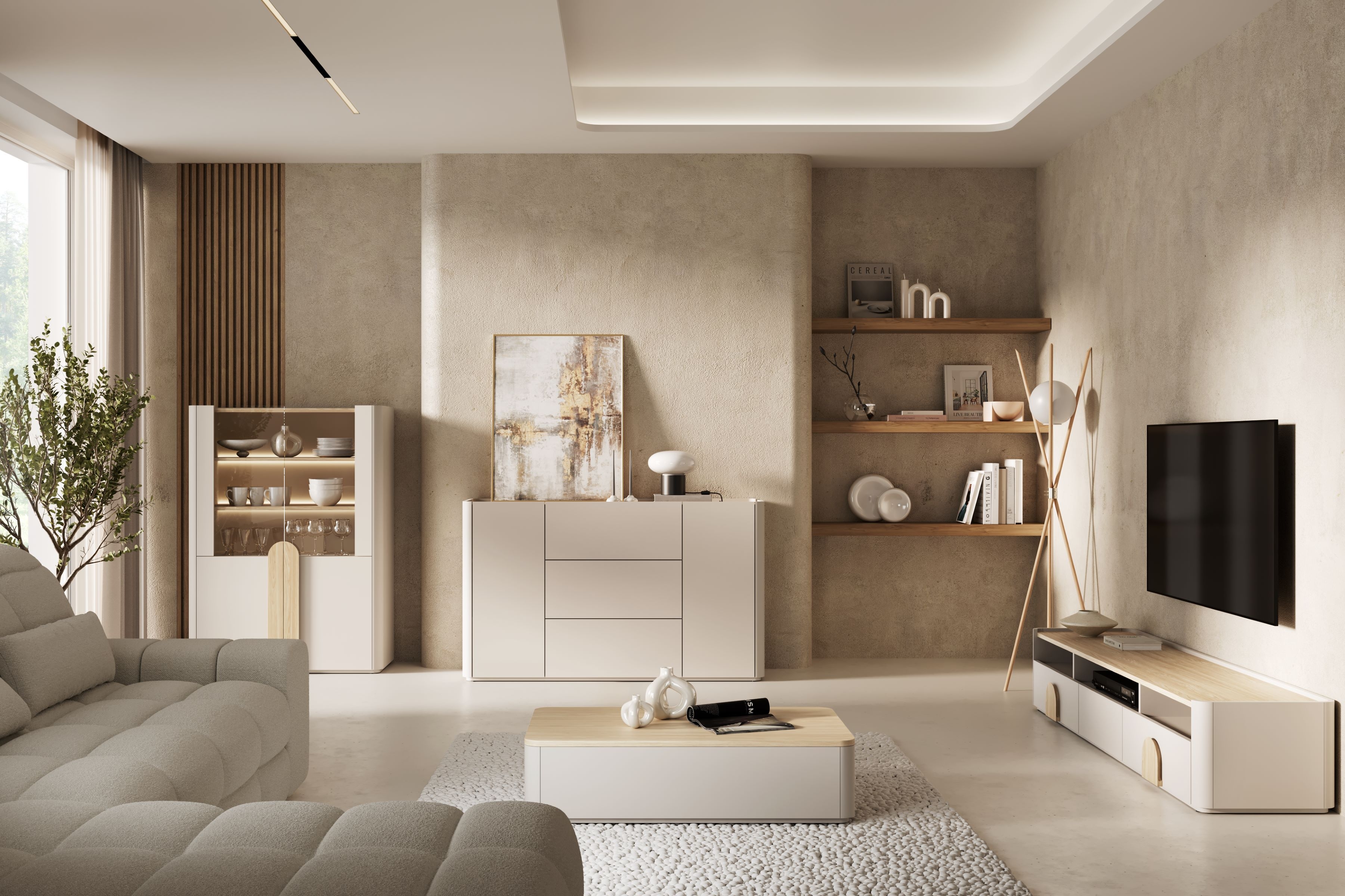 TV stolík Amilio 200 cm s 2 zásuvkami - kašmírová / dub olejovaný / dub svetlý TV skrinka Amilio 200 cm so zásuvkami - kašmír / Dub olejowany / úchyty Svetlý dub