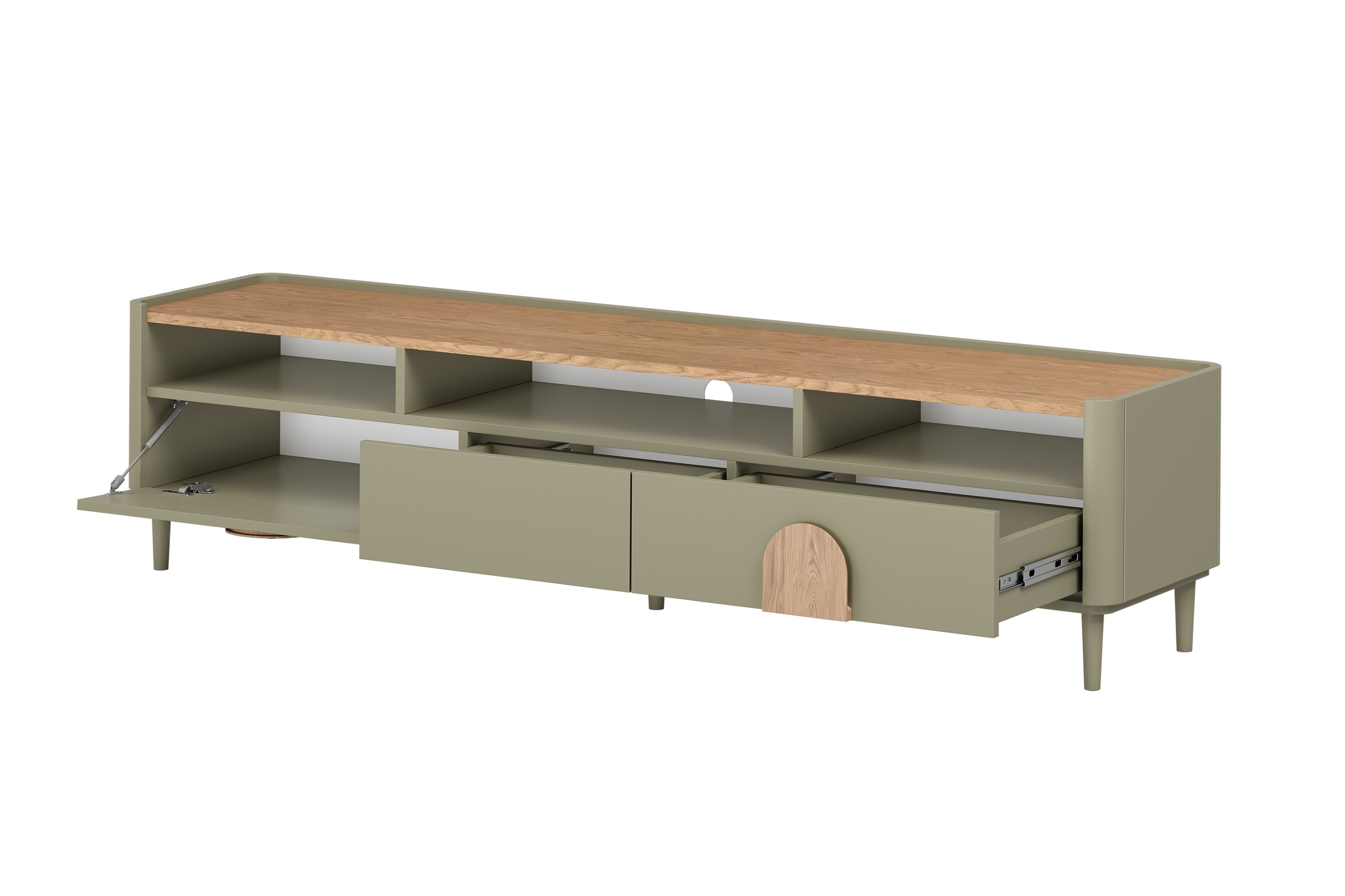 TV skrinka Amilio 200 cm s 2 zásuvkami - eukalyptus / dub baltic dune / dub prírodný TV skrinka Amilio 200 cm so zásuvkami na nôžkach - eukaliptus / Dub baltic dune / úchyty Dub prírodné