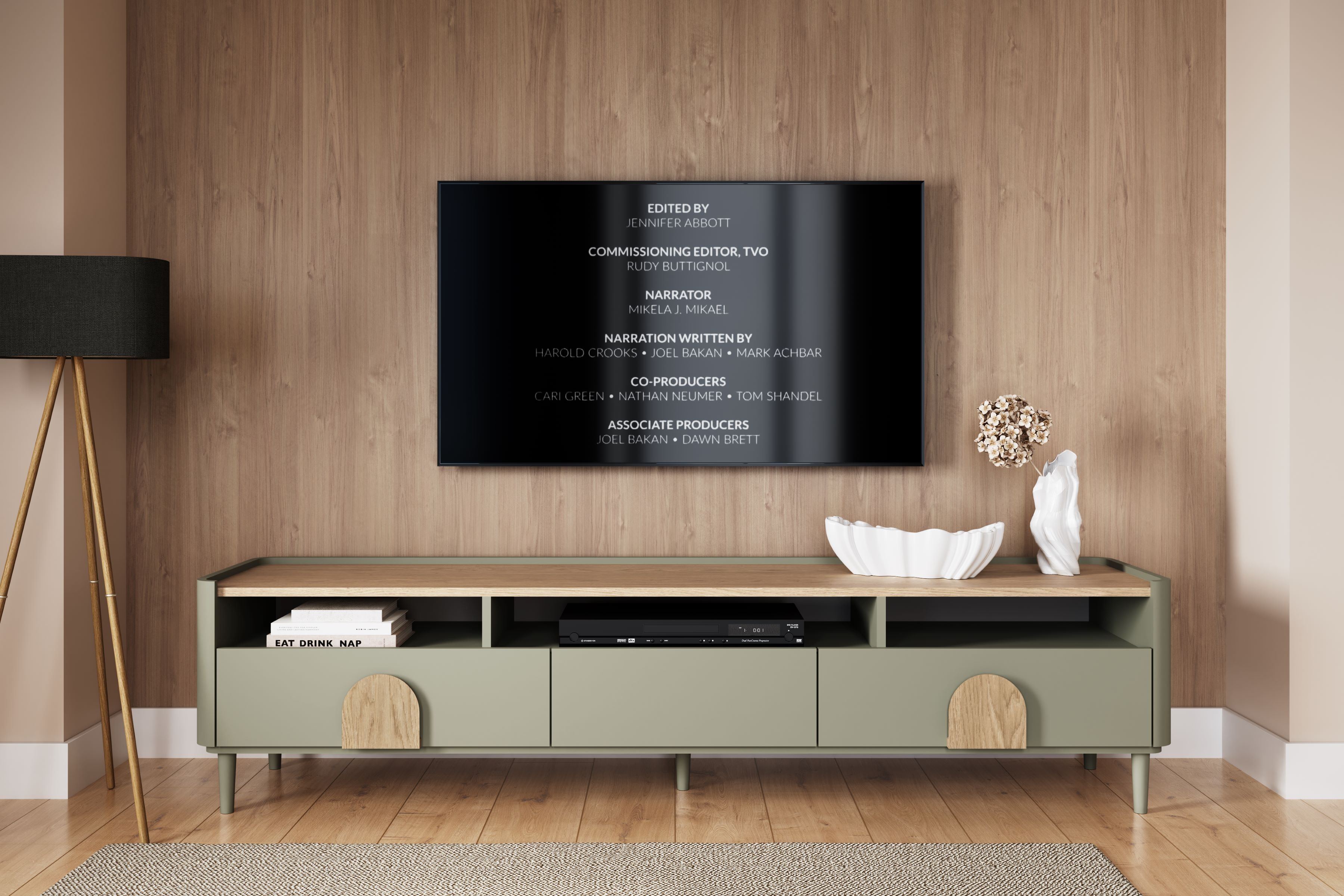 TV skrinka Amilio 200 cm s 2 zásuvkami - eukalyptus / dub baltic dune / dub prírodný TV skrinka Amilio 200 cm so zásuvkami na nôžkach - eukaliptus / Dub baltic dune / úchyty Dub prírodné